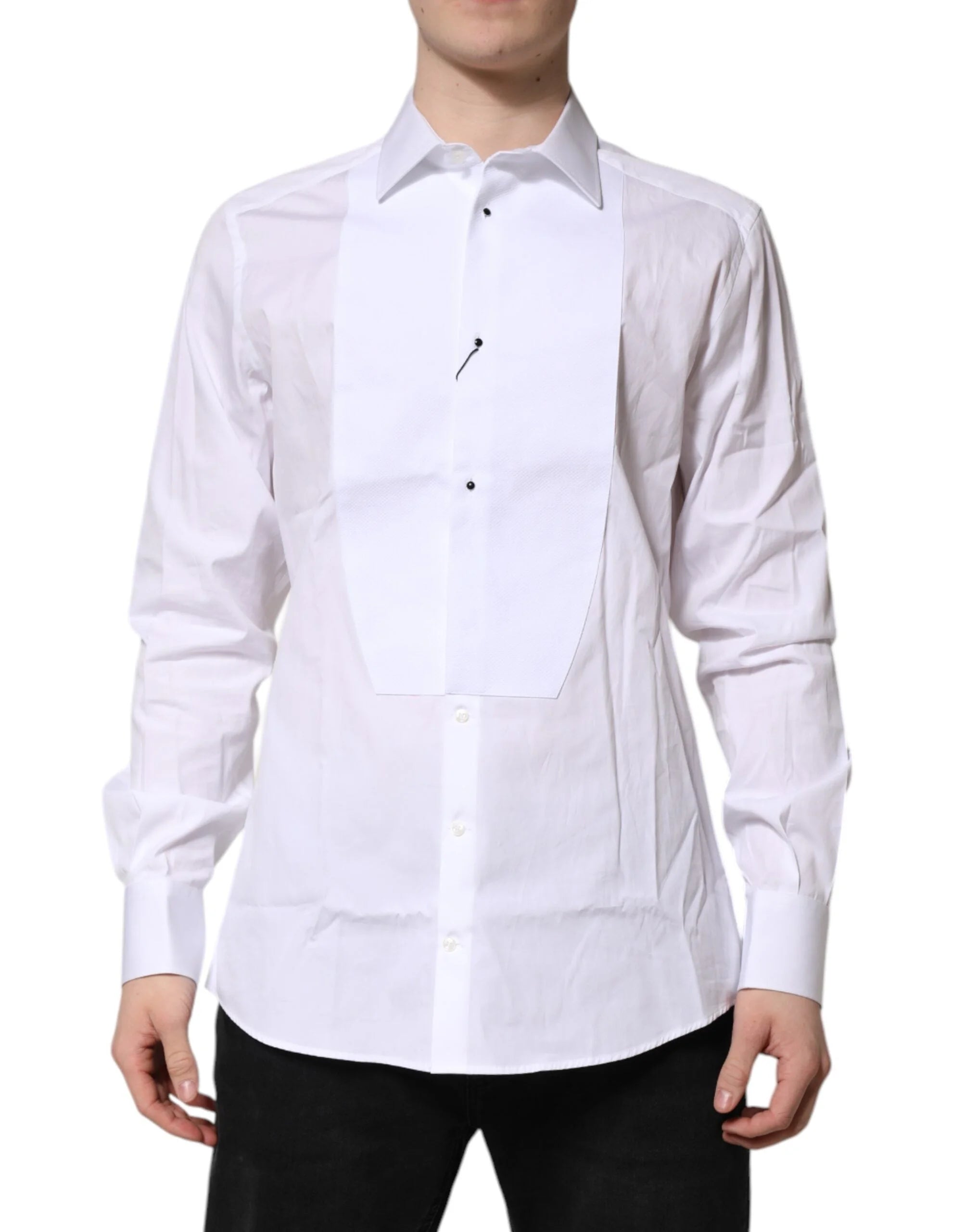 Dolce & Gabbana White Silk Bib Poplin GOLD Men Formal Shirt - IT42 | XL - Shirts