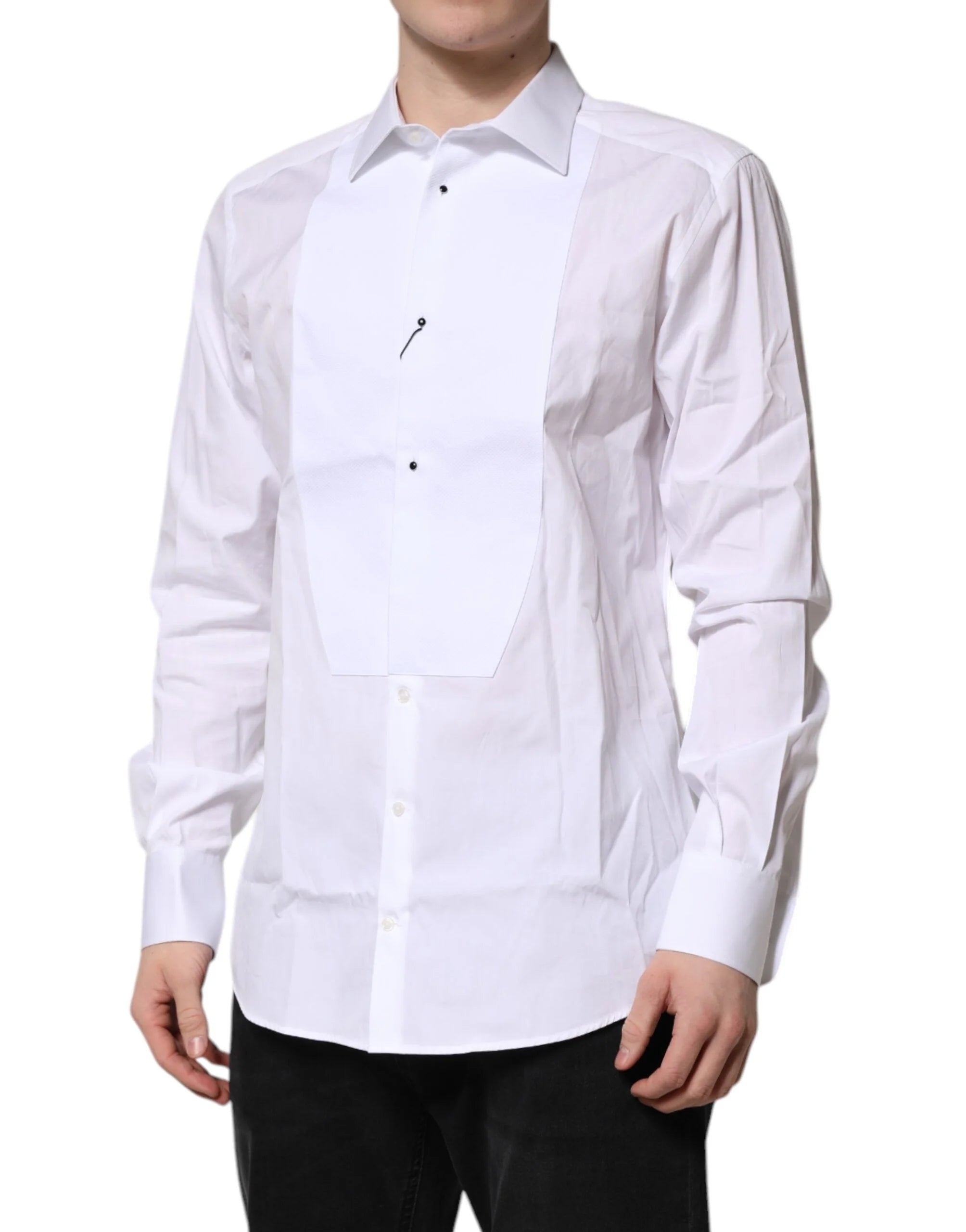 Dolce & Gabbana White Silk Bib Poplin GOLD Men Formal Shirt - IT42 | XL - Shirts