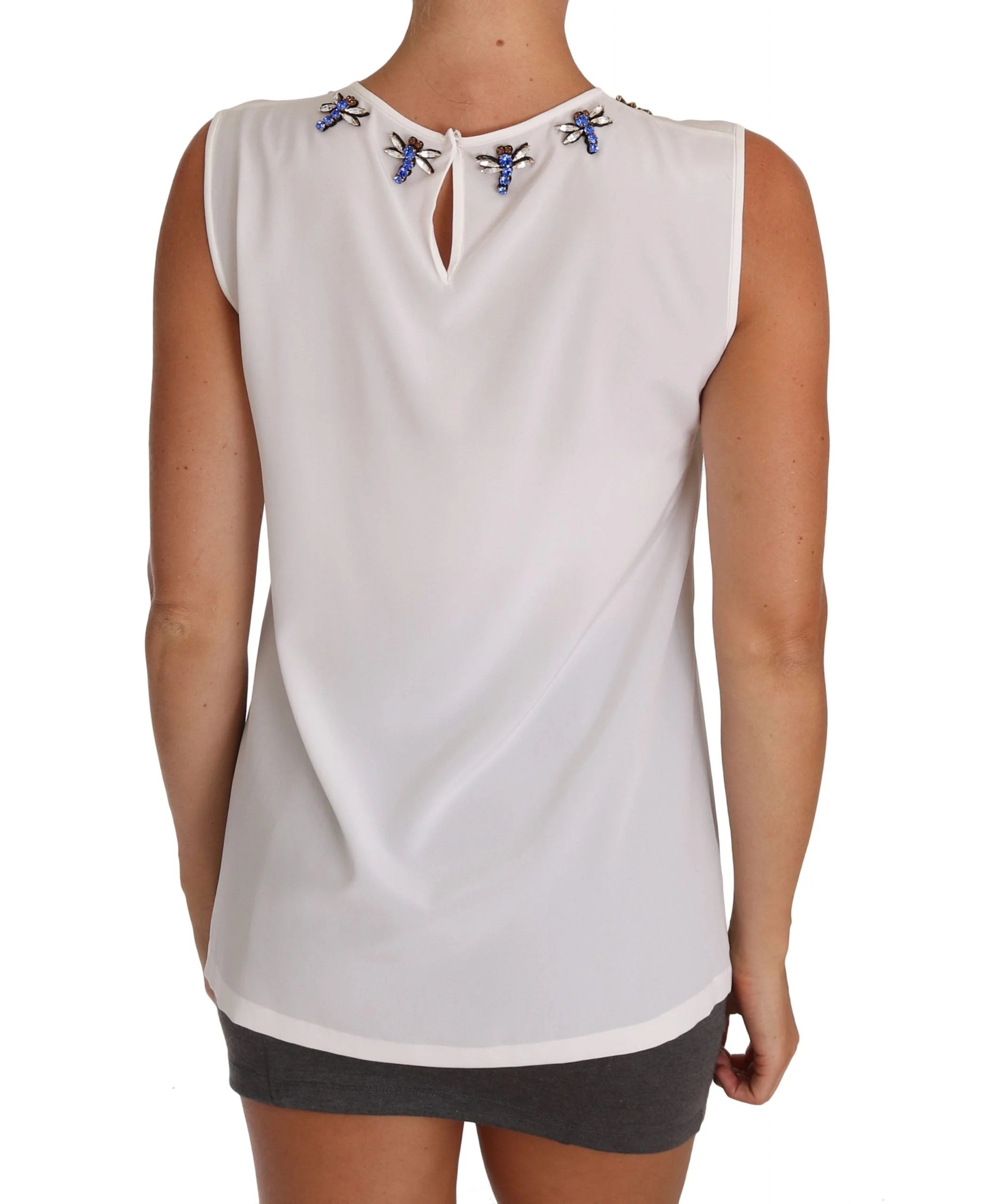 Dolce & Gabbana White Silk Crystal Embellished Fly T-shirt - IT40|S - Tank Tops