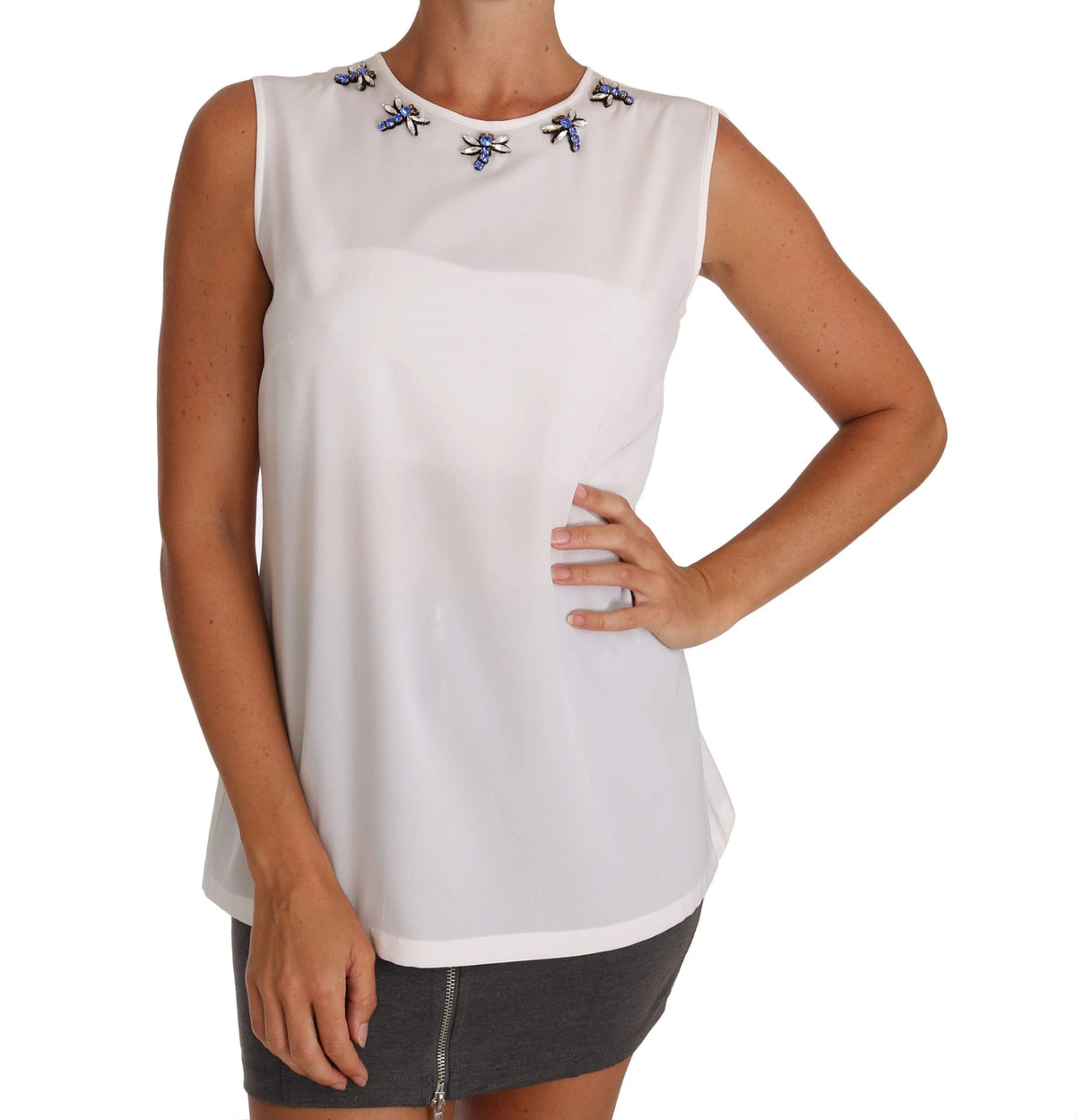 Dolce & Gabbana White Silk Crystal Embellished Fly T-shirt - IT40|S - Tank Tops
