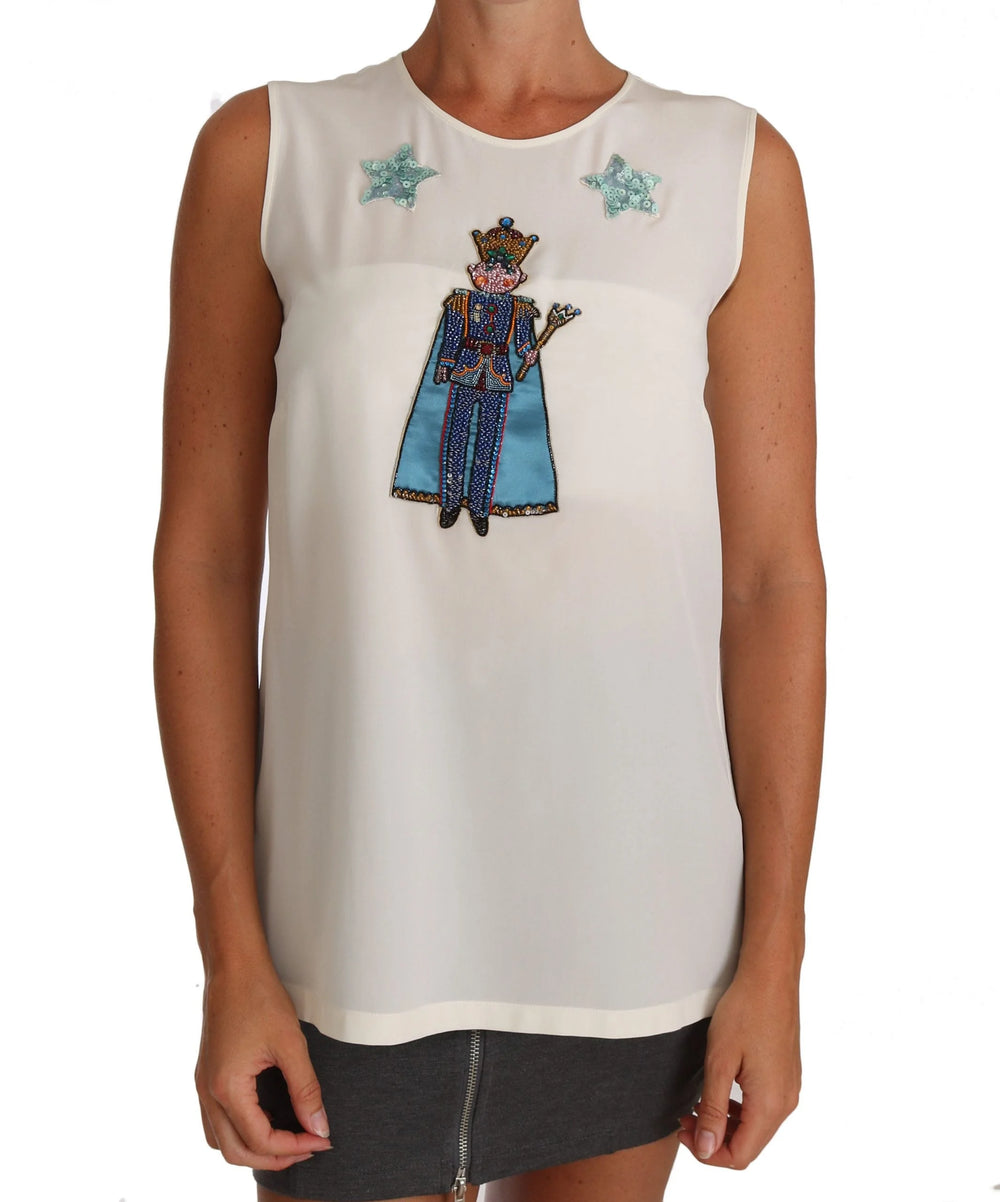 Dolce & Gabbana White Silk Crystal Sequined Fairy T-shirt - Tank Tops