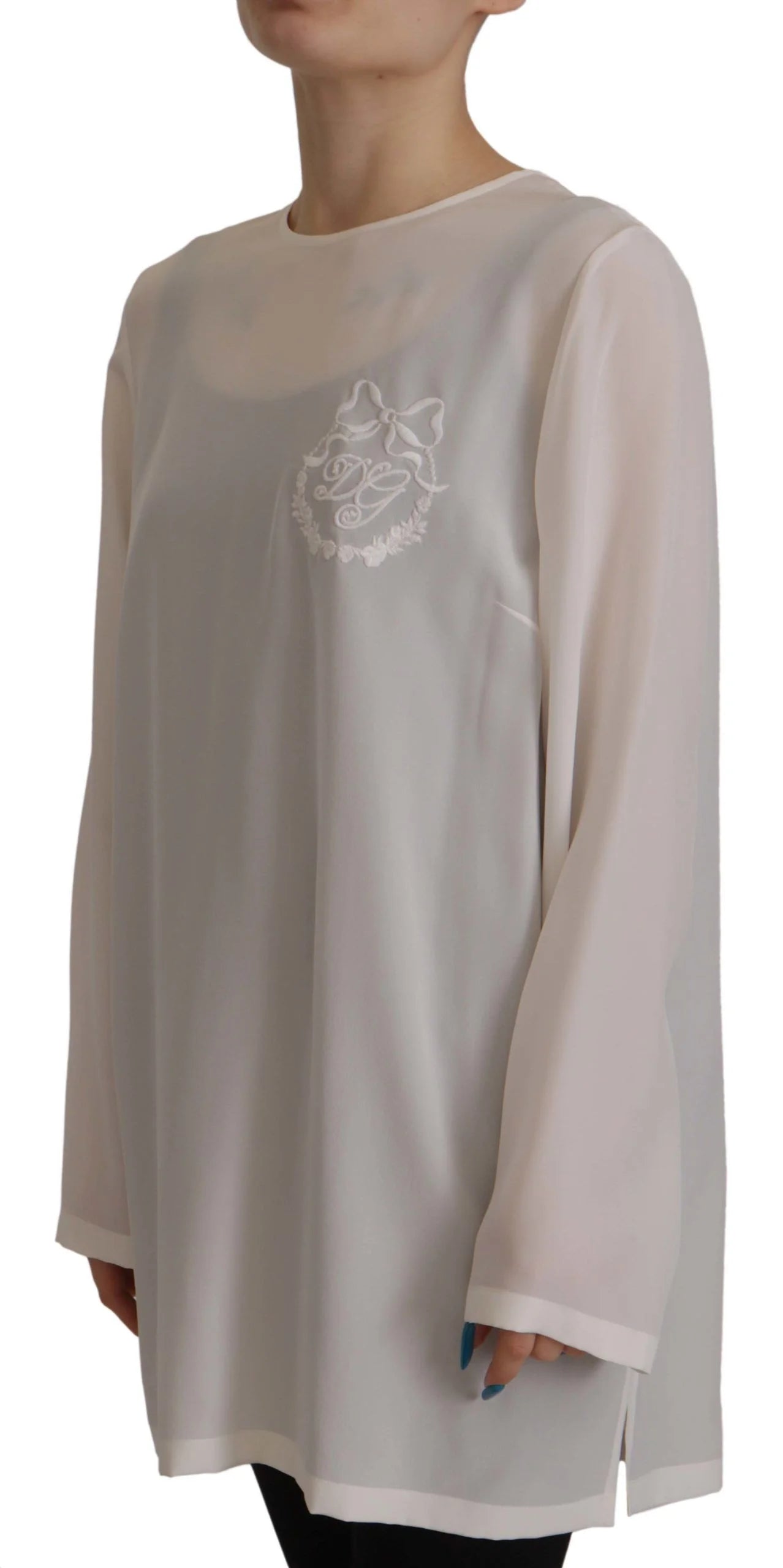 Dolce & Gabbana White Silk DG Logo Embroidered Long Sleeves Blouse - IT40|S - Blouses