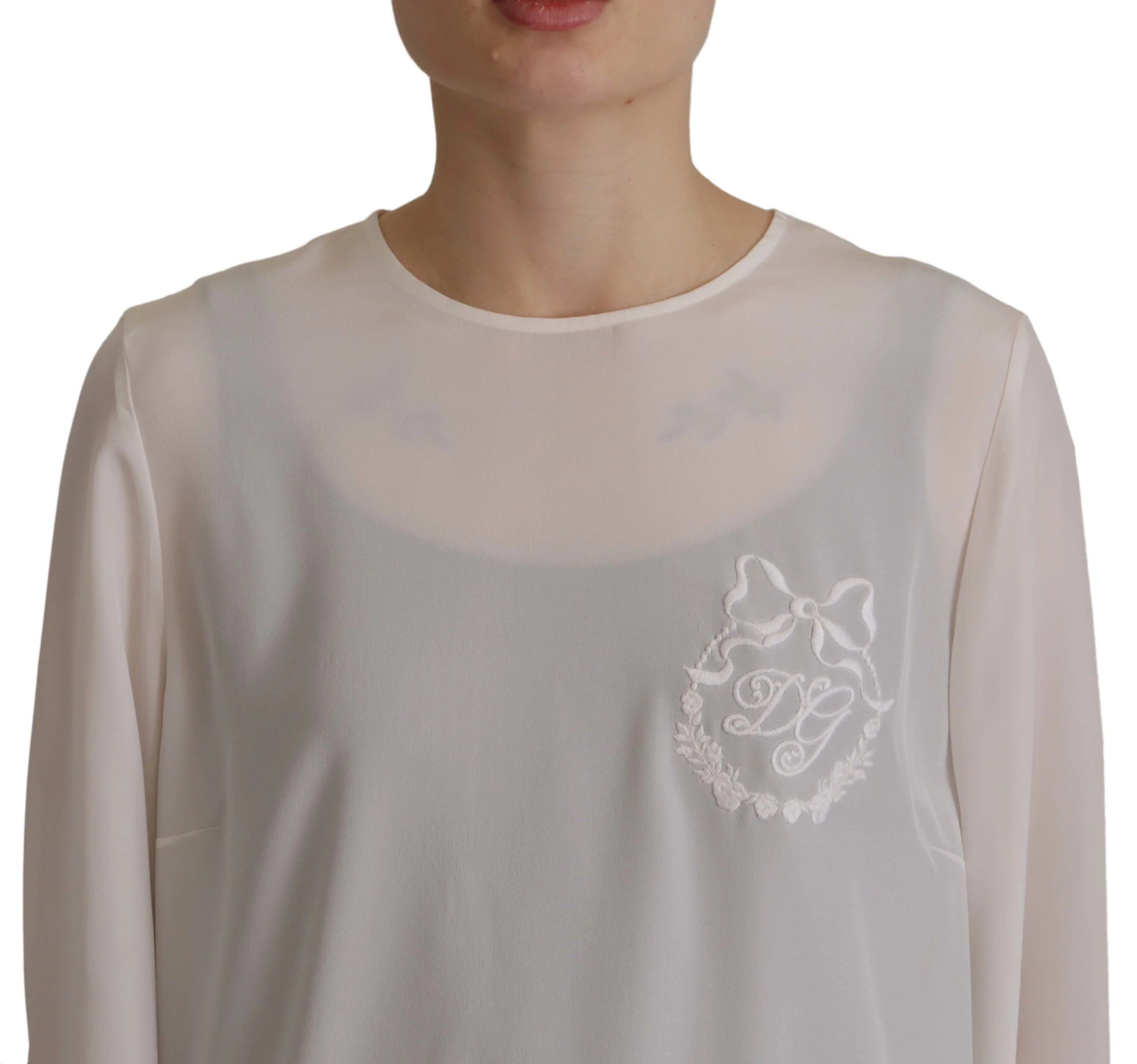 Dolce & Gabbana White Silk DG Logo Embroidered Long Sleeves Blouse - IT40|S - Blouses