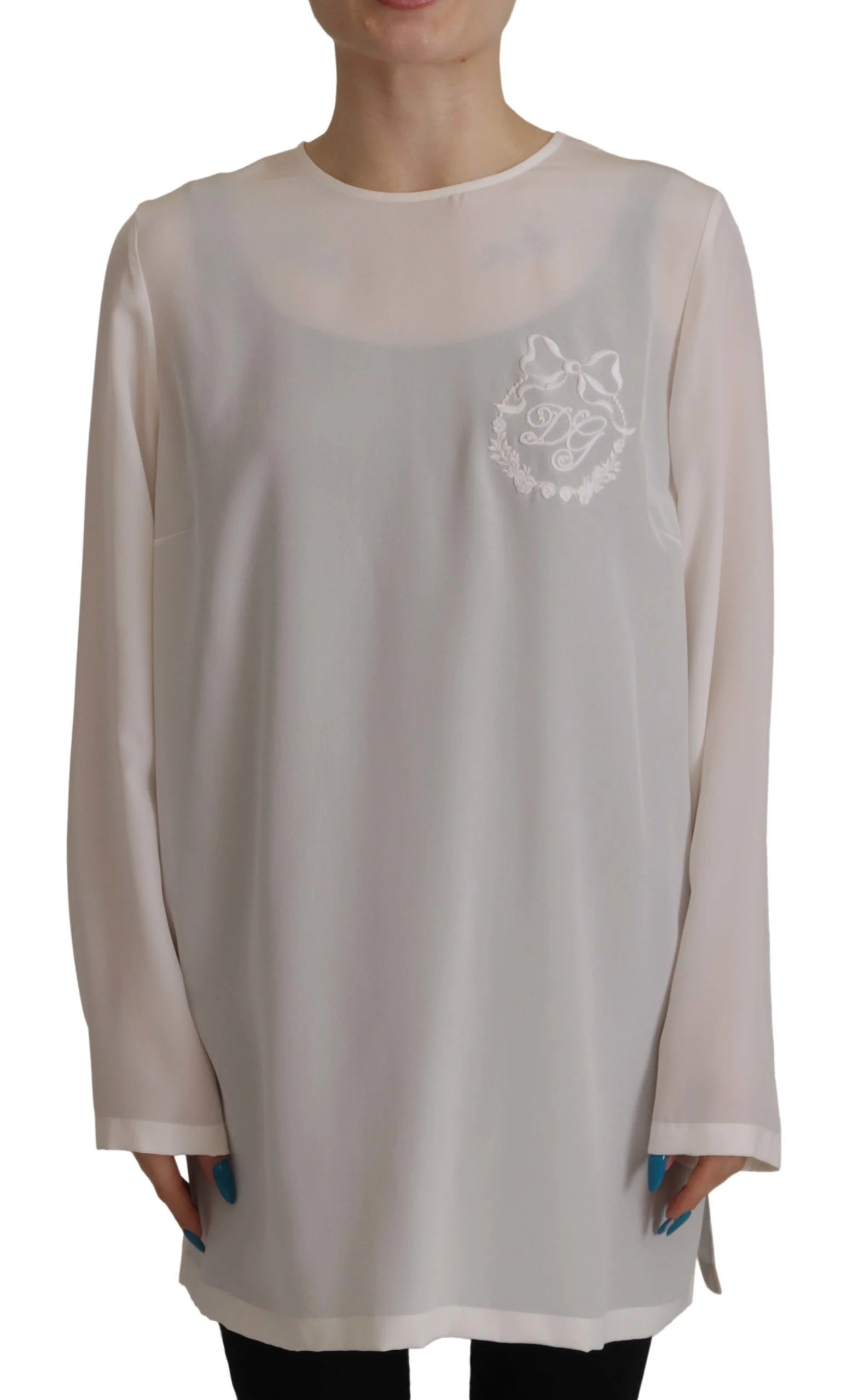 Dolce & Gabbana White Silk DG Logo Embroidered Long Sleeves Blouse - IT40|S - Blouses