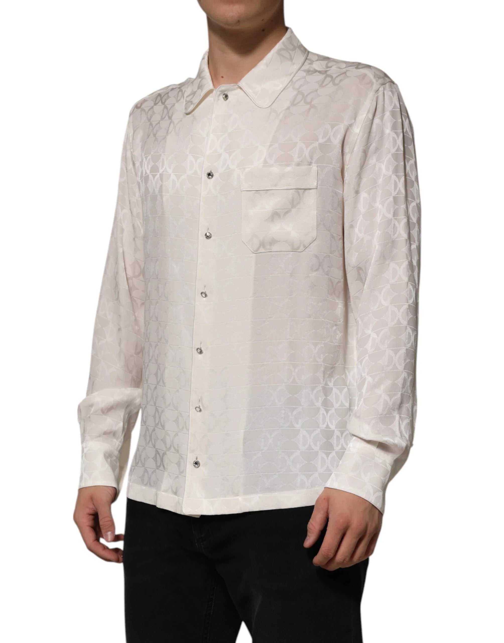 Dolce & Gabbana White Silk DG Logo Print Long Sleeves Shirt - Shirts