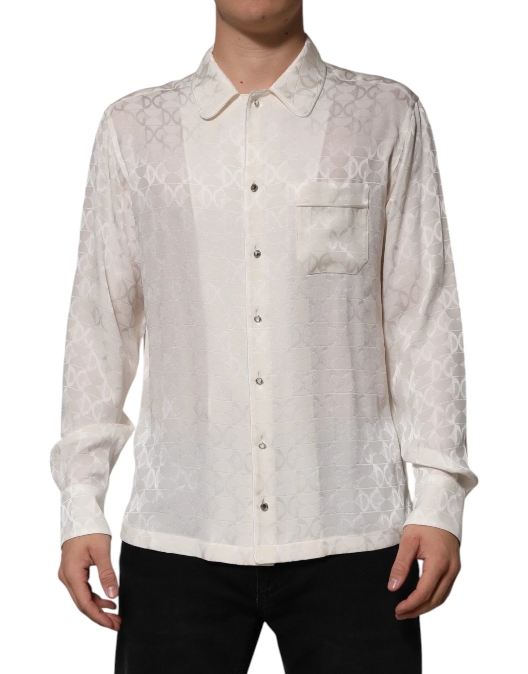 Dolce & Gabbana White Silk DG Logo Print Long Sleeves Shirt - Shirts