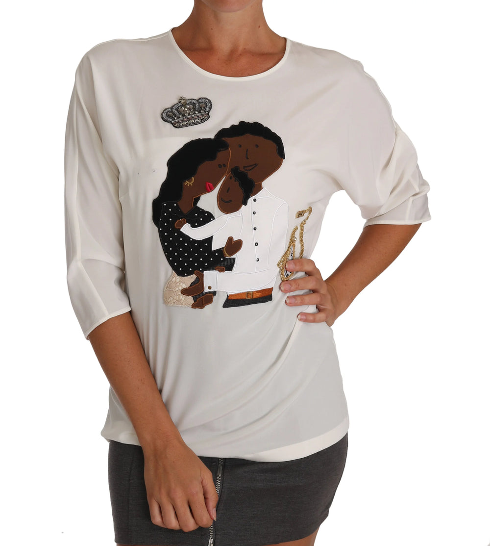 Dolce & Gabbana White Silk #dgfamily Crystal T-shirt - T-Shirts