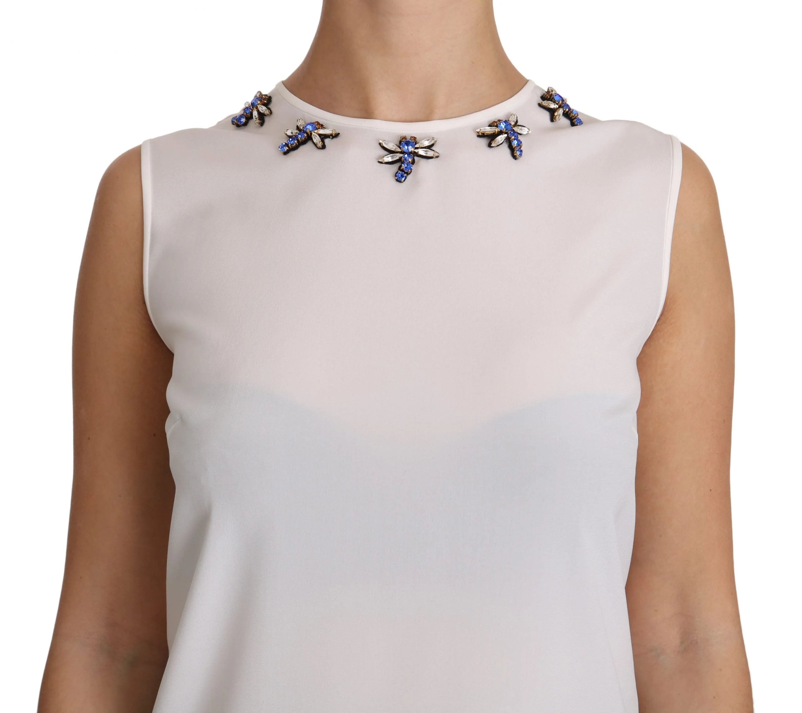 Dolce & Gabbana White Silk Embellished Crystal Dragonfly Top - IT40|S - Blouses