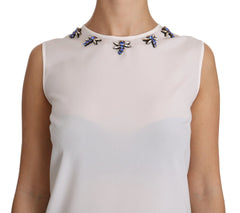 Dolce & Gabbana White Silk Embellished Crystal Dragonfly Top - IT40|S - Blouses