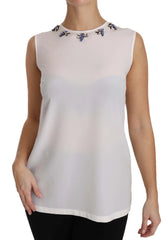 Dolce & Gabbana White Silk Embellished Crystal Dragonfly Top - IT40|S - Blouses