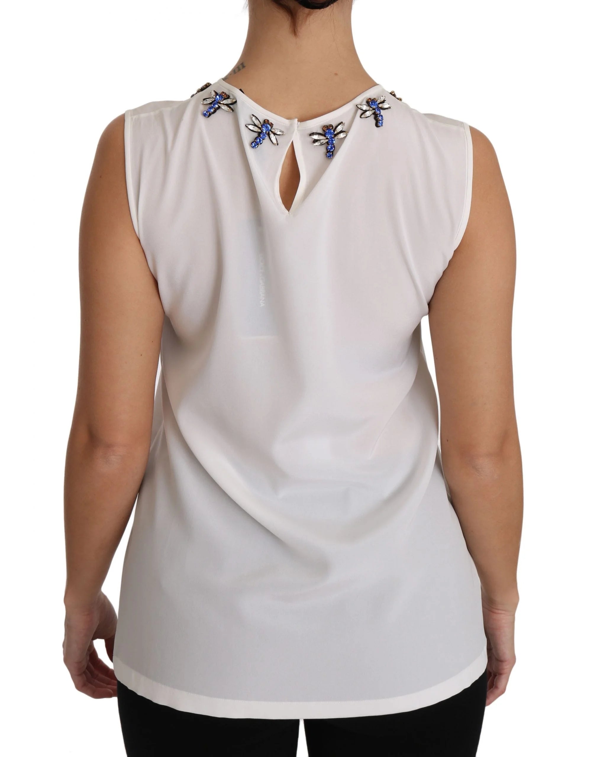 Dolce & Gabbana White Silk Embellished Crystal Dragonfly Top - IT40|S - Blouses