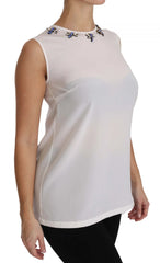 Dolce & Gabbana White Silk Embellished Crystal Dragonfly Top - IT40|S - Blouses