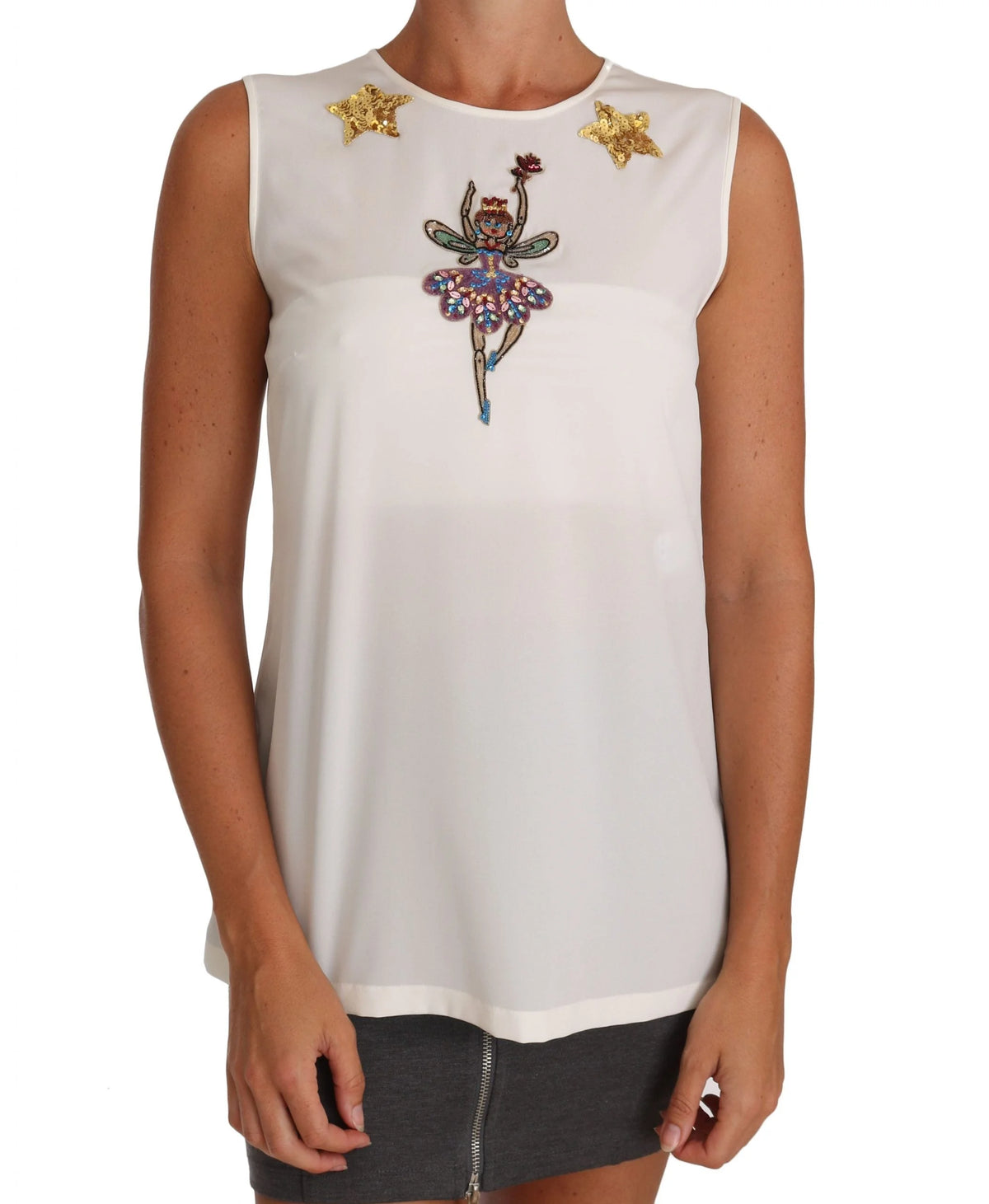 Dolce & Gabbana White Silk Embellished Crystal Sequin Fairy Top - Blouses