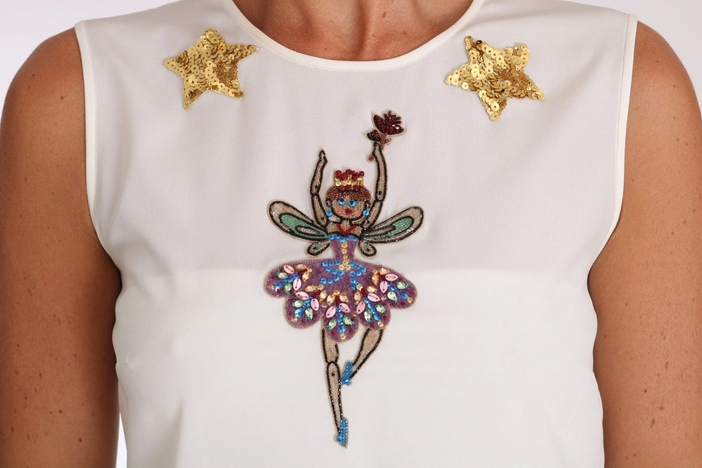 Dolce & Gabbana White Silk Embellished Crystal Sequin Fairy Top - Blouses