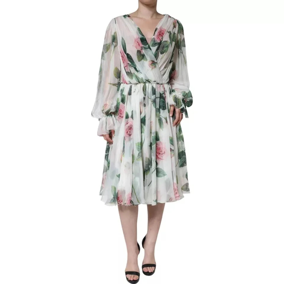 Dolce & Gabbana White Silk Floral Print A-line Midi Dress - IT38 | XS - Dresses