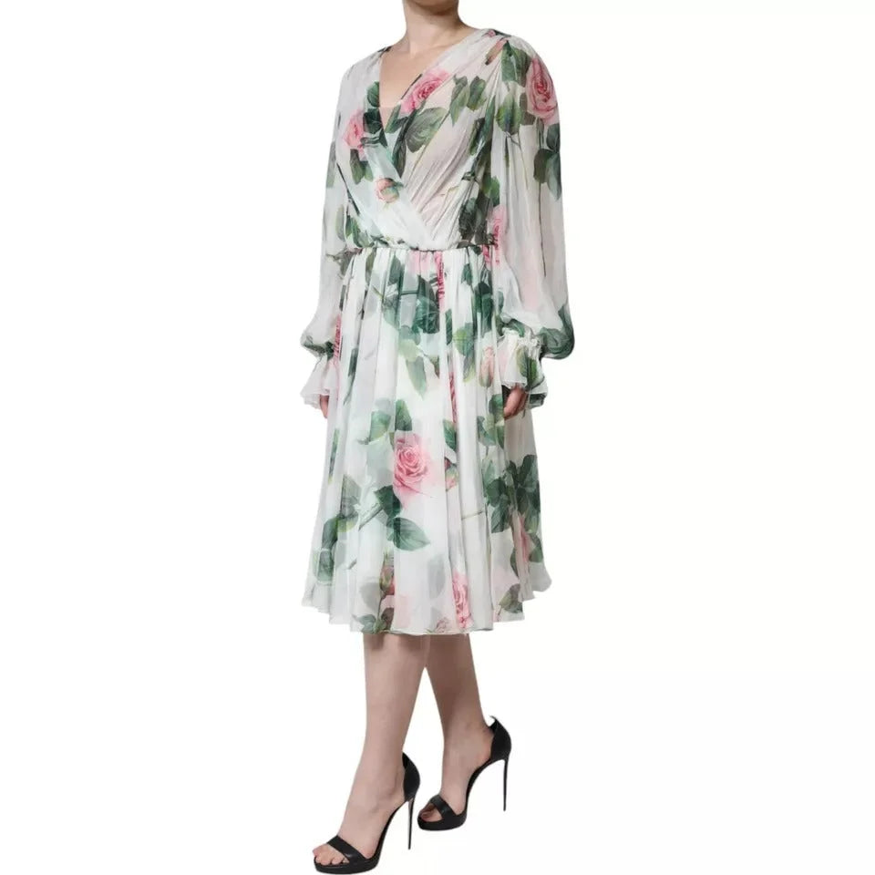 Dolce & Gabbana White Silk Floral Print A-line Midi Dress - IT38 | XS - Dresses