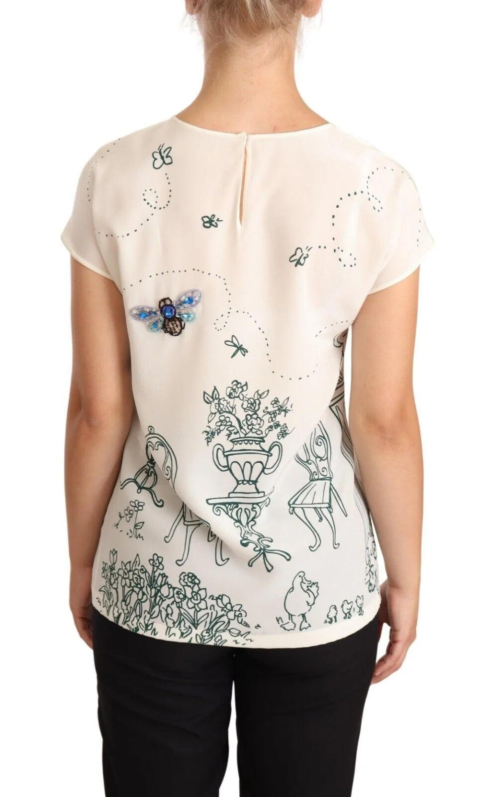 Dolce & Gabbana White Silk Garden Fountain T-Shirt Blouse - IT36 | XS - T-Shirts