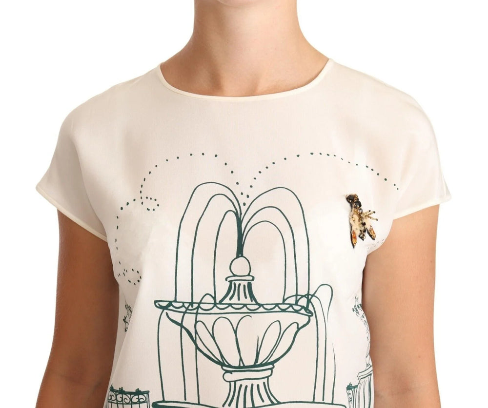 Dolce & Gabbana White Silk Garden Fountain T-Shirt Blouse - IT36 | XS - T-Shirts