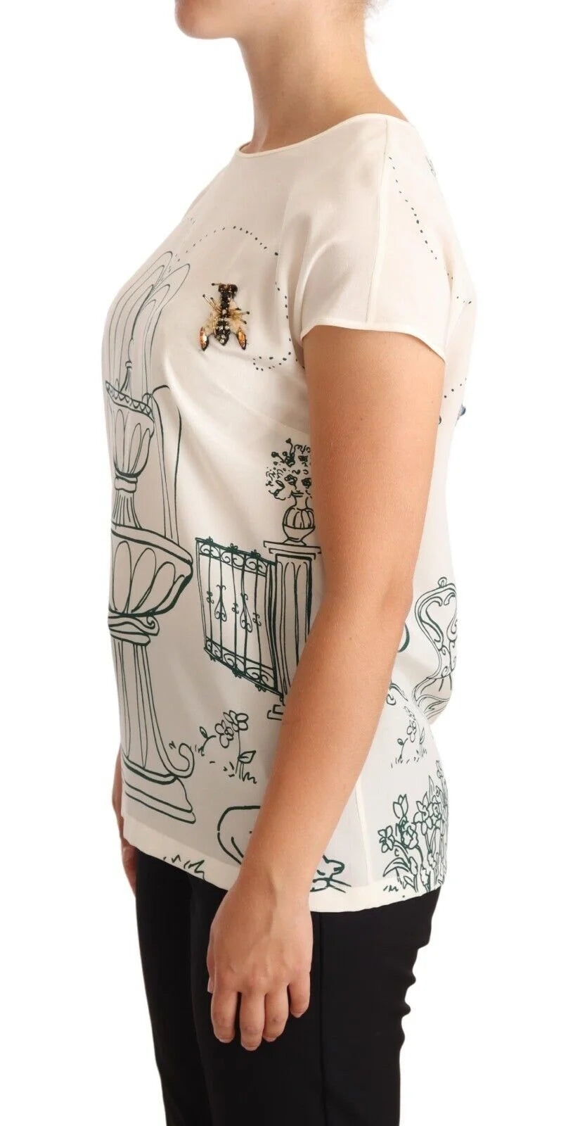 Dolce & Gabbana White Silk Garden Fountain T-Shirt Blouse - IT36 | XS - T-Shirts