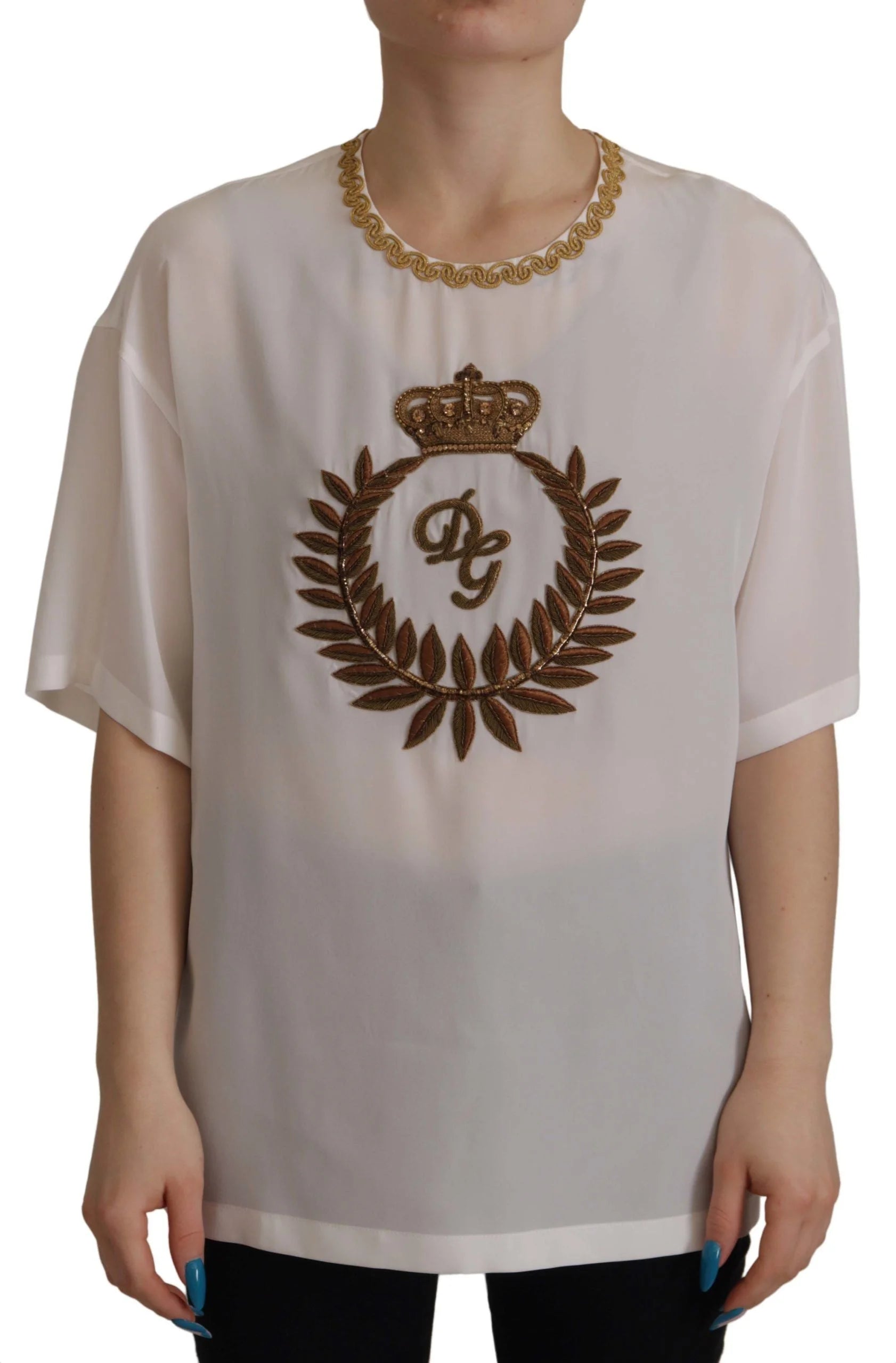 Dolce & Gabbana White Silk Gold DG Crown Crystal Blouse Top - T-Shirts