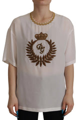Dolce & Gabbana White Silk Gold DG Crown Crystal Blouse Top - T-Shirts