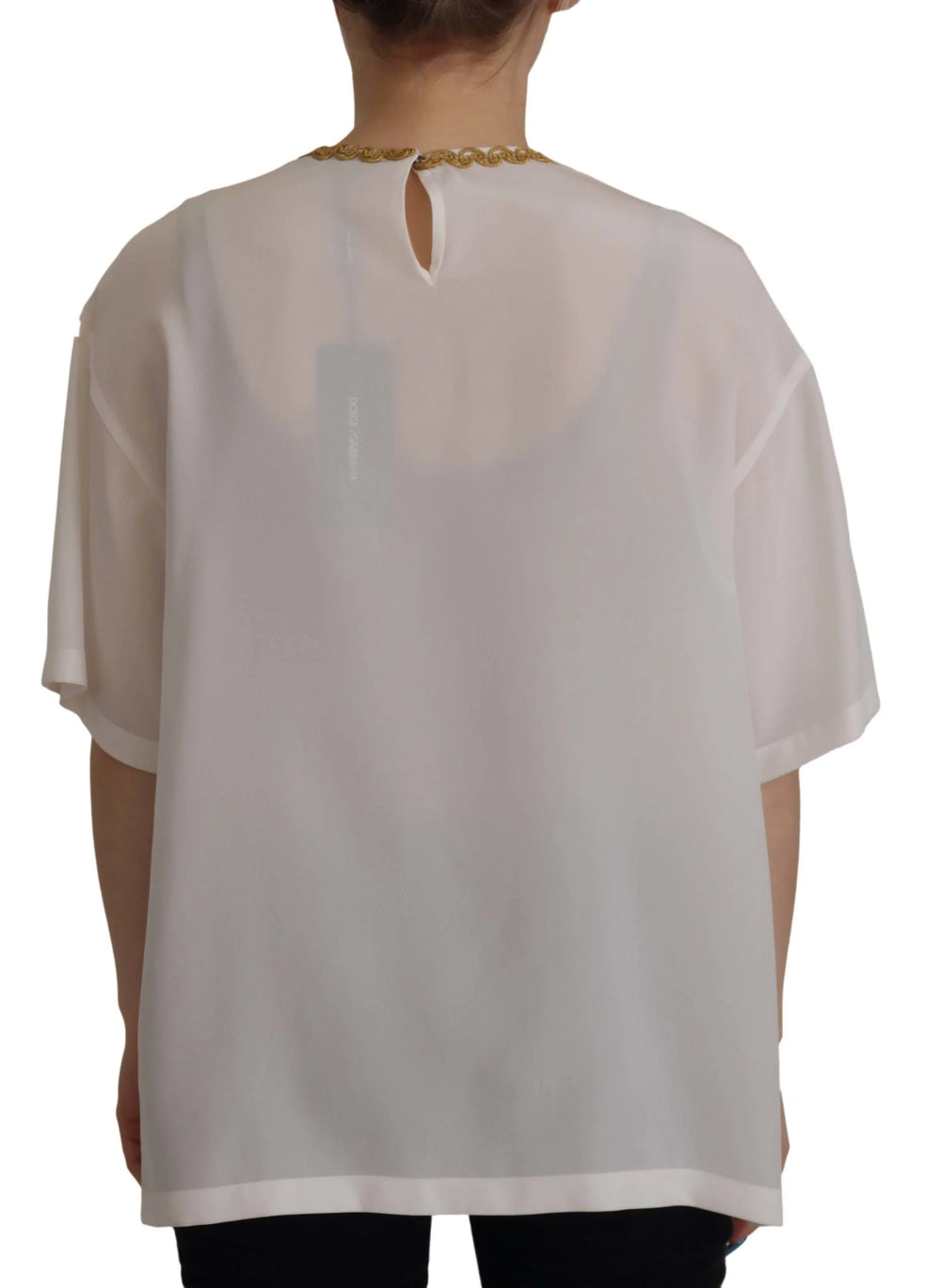 Dolce & Gabbana White Silk Gold DG Crown Crystal Blouse Top - T-Shirts