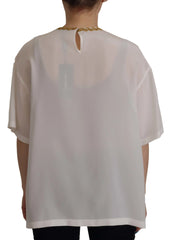 Dolce & Gabbana White Silk Gold DG Crown Crystal Blouse Top - T-Shirts