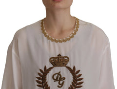 Dolce & Gabbana White Silk Gold DG Crown Crystal Blouse Top - T-Shirts
