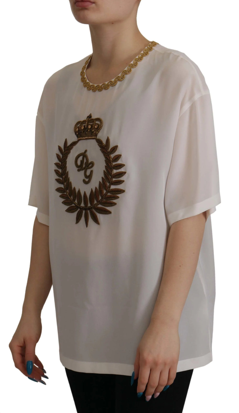 Dolce & Gabbana White Silk Gold DG Crown Crystal Blouse Top - T-Shirts