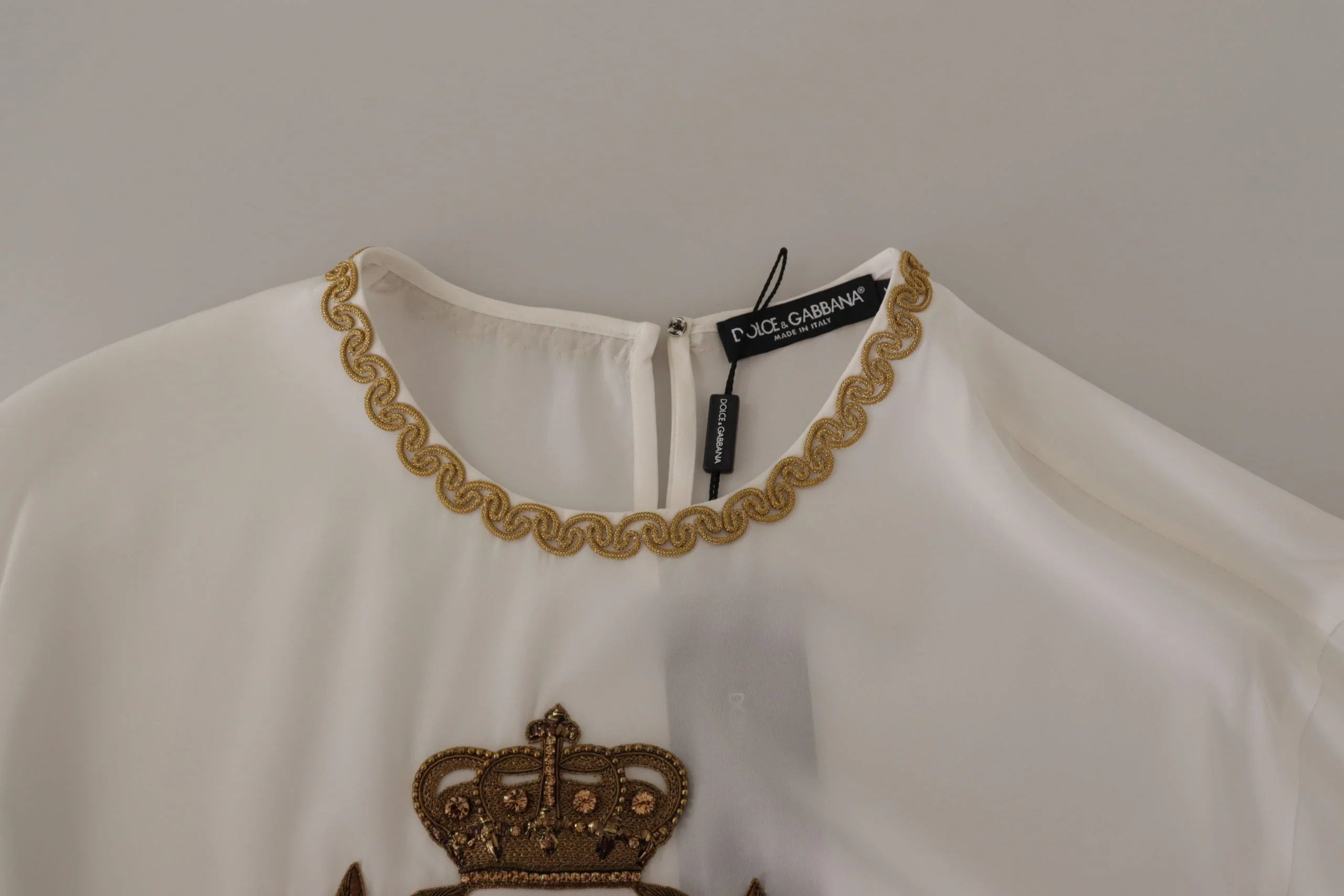 Dolce & Gabbana White Silk Gold DG Crown Crystal Blouse Top - T-Shirts