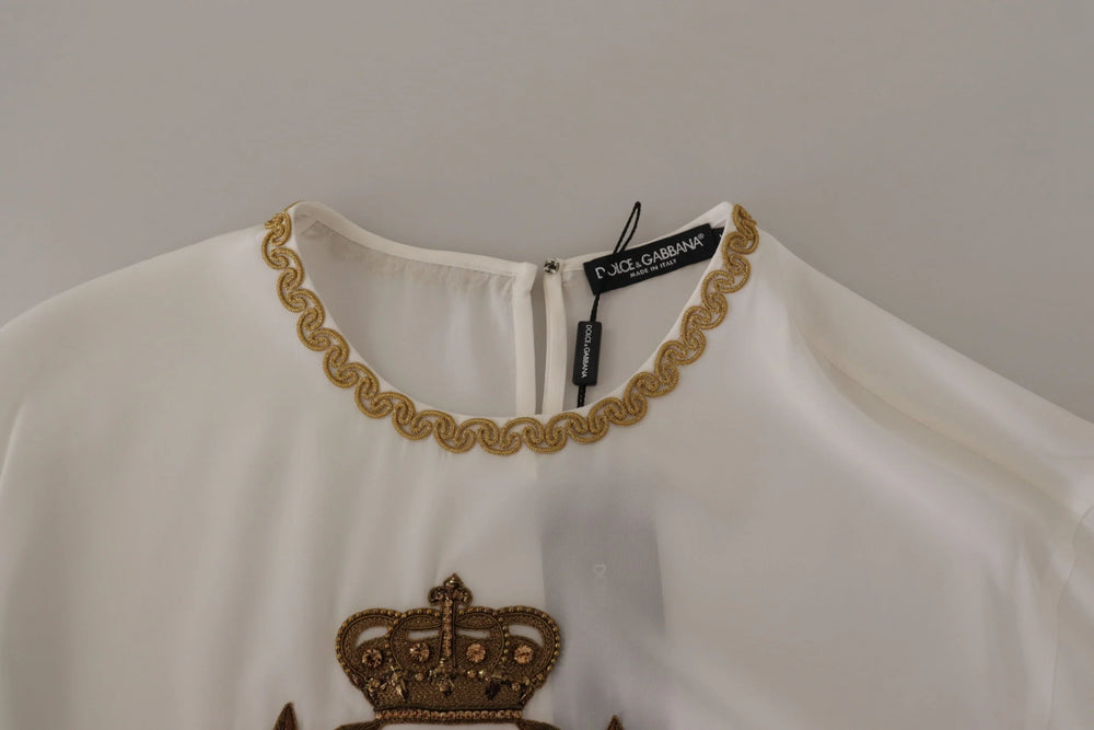 Dolce & Gabbana White Silk Gold DG Crown Crystal Blouse Top - T-Shirts