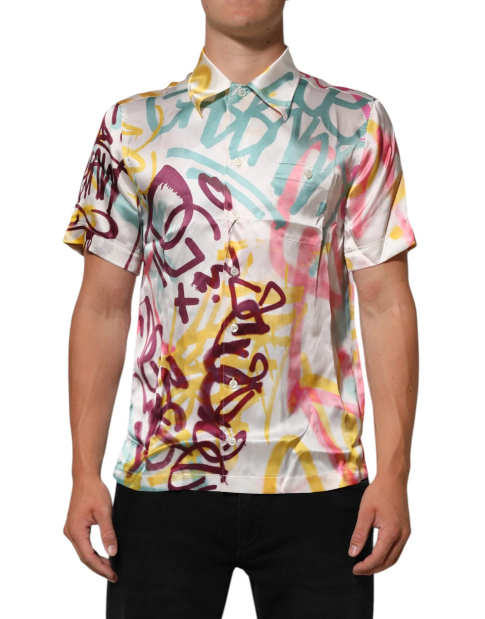 Dolce & Gabbana White Silk Hawaiian Graffiti Print Men Casual Shirt - Shirts