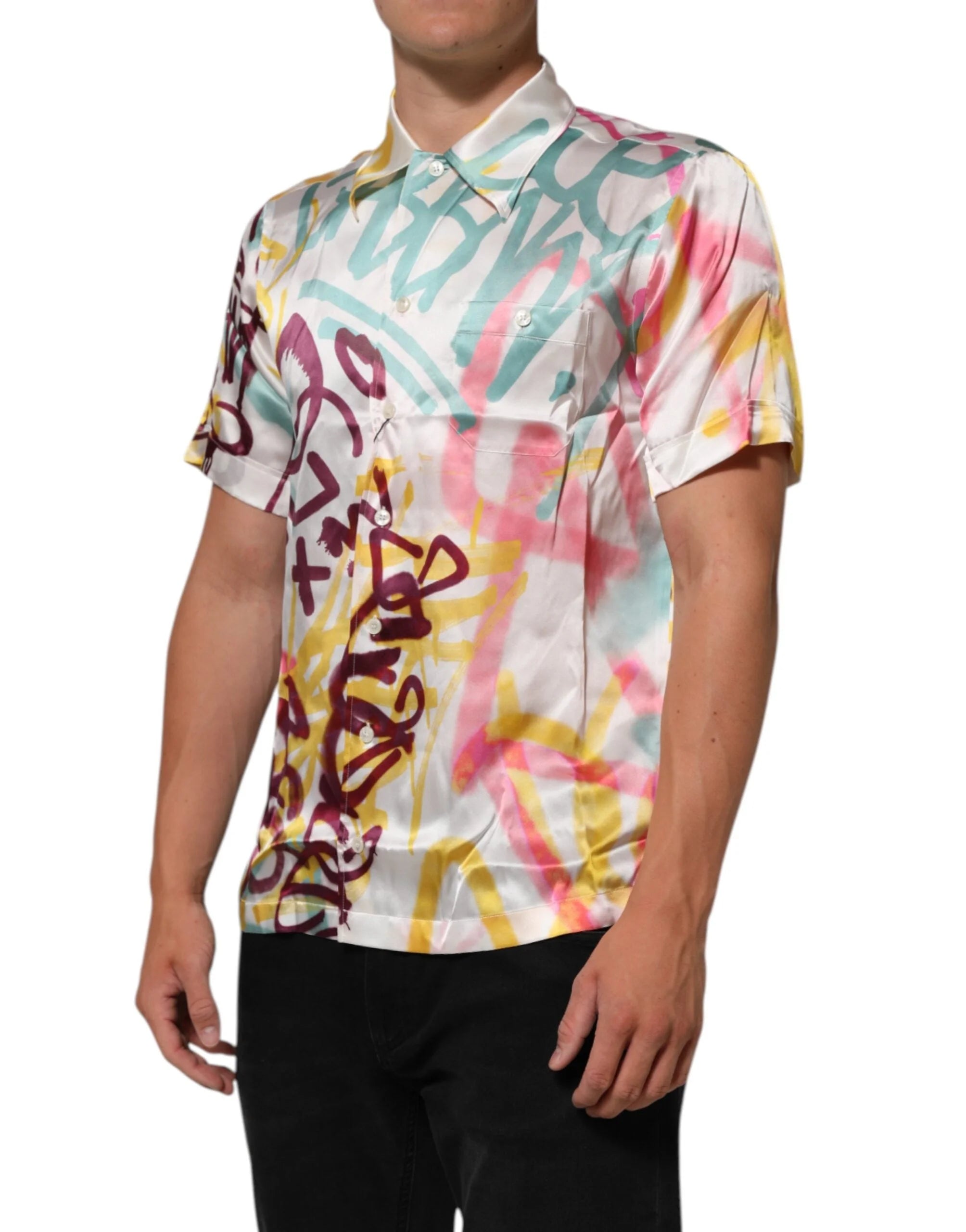 Dolce & Gabbana White Silk Hawaiian Graffiti Print Men Casual Shirt - Shirts