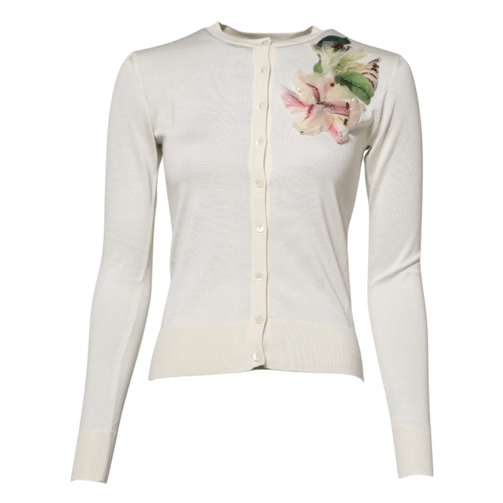 Dolce & Gabbana White Silk Lily Buttoned Cardigan Sweater - IT36|XXS - Cardigans