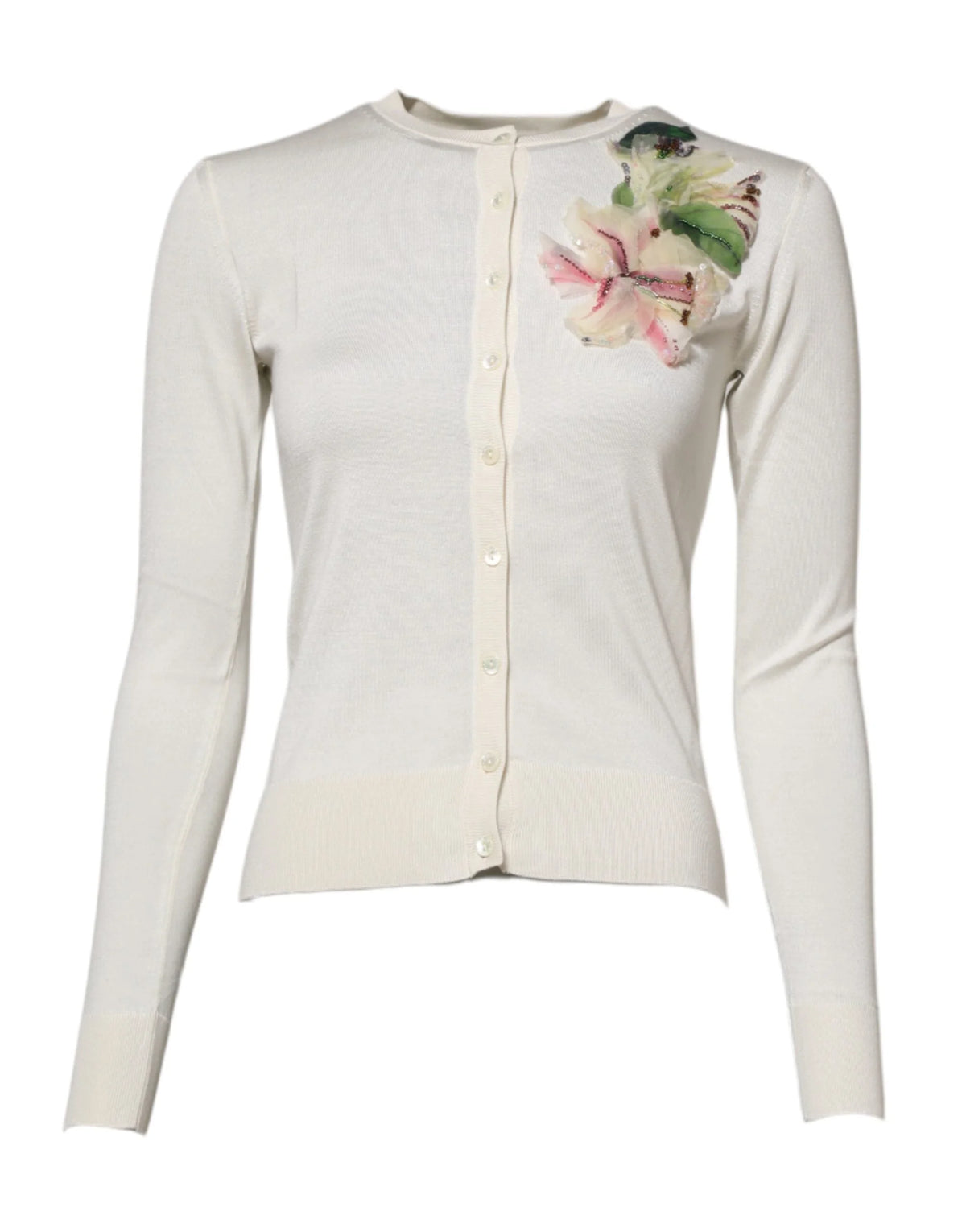 Dolce & Gabbana White Silk Lily Embellished Cardigan Sweater - IT36|XXS - Cardigans