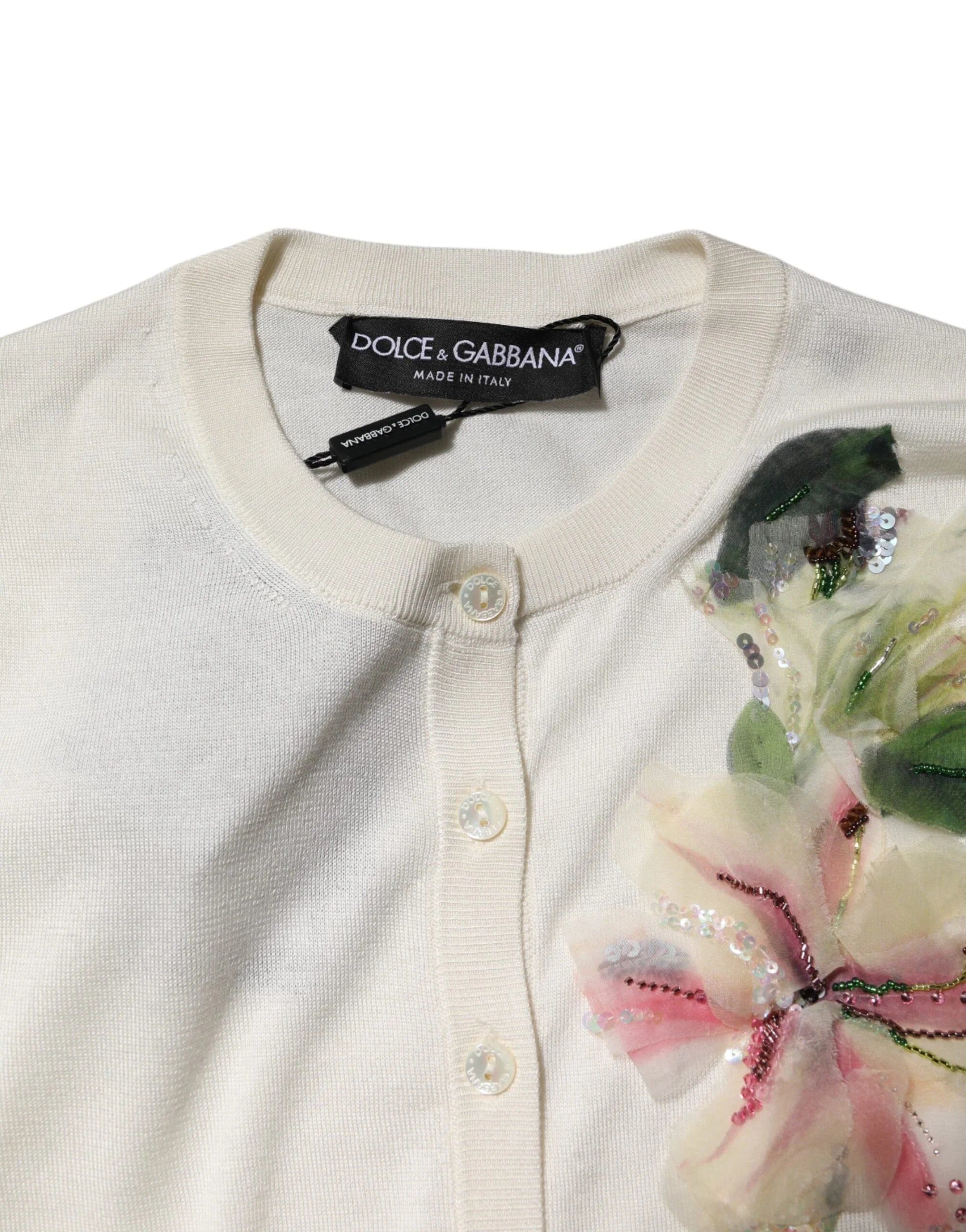 Dolce & Gabbana White Silk Lily Embellished Cardigan Sweater - IT36|XXS - Cardigans