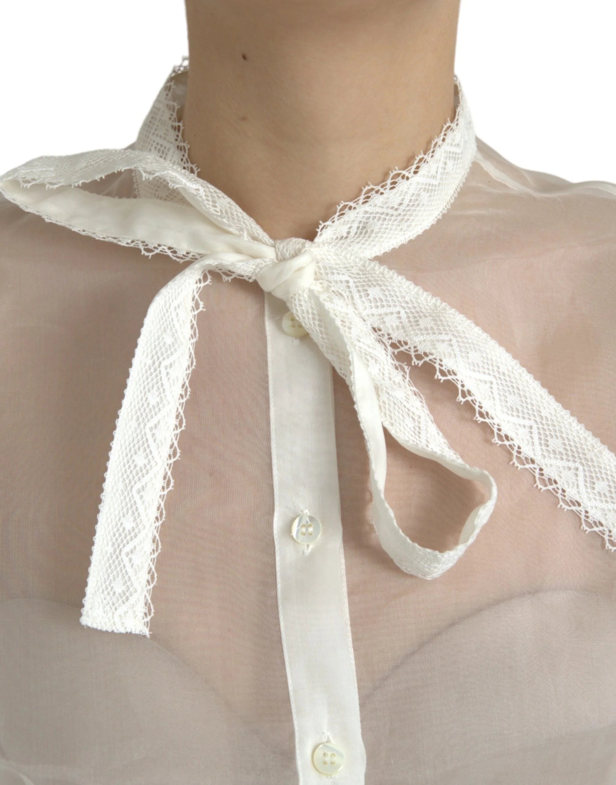 Dolce & Gabbana White Silk Long Sleeves Ascot Collar Top - IT38 | XS - Blouses