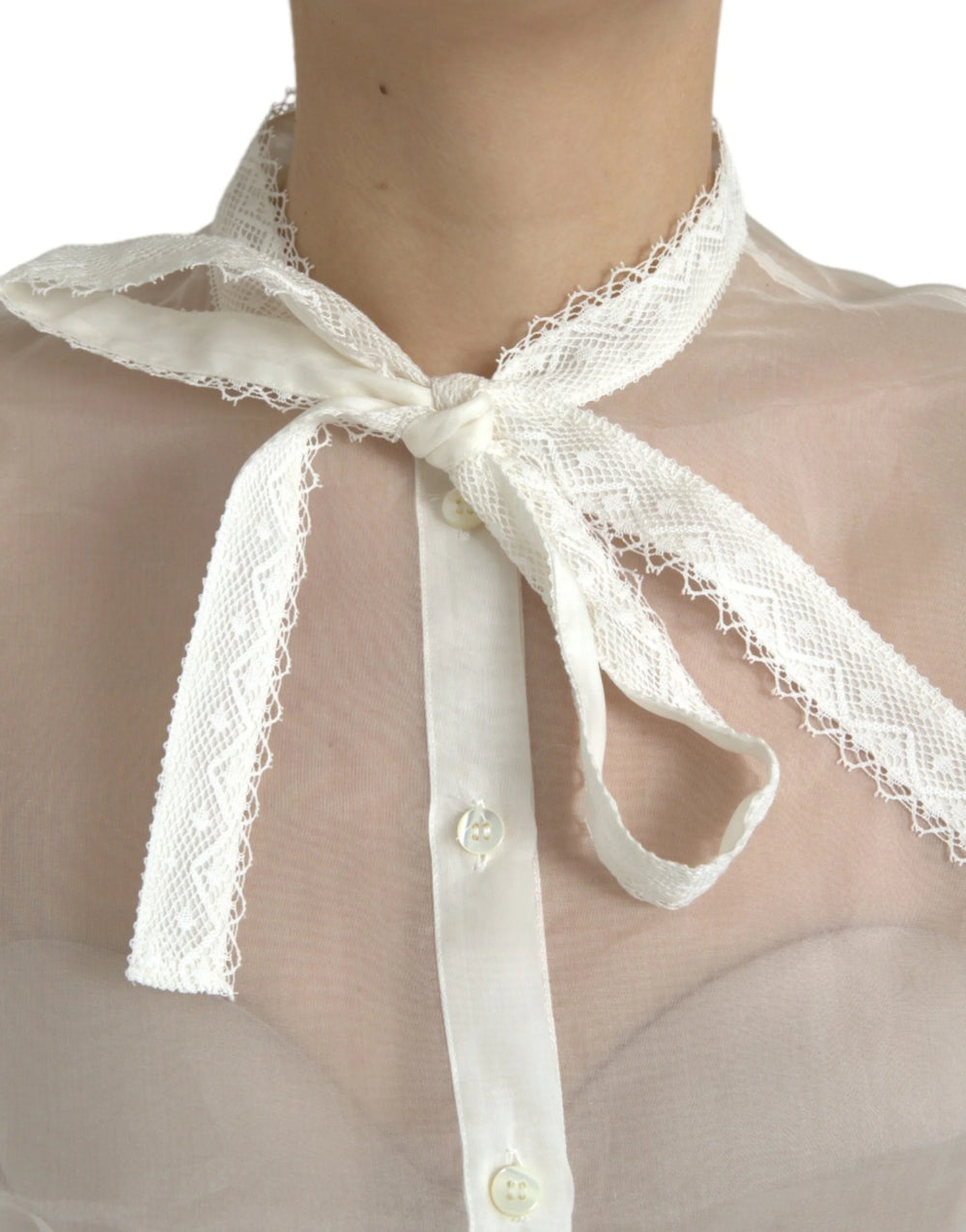 Dolce & Gabbana White Silk Long Sleeves Ascot Collar Top - IT38 | XS - Blouses