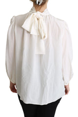 Dolce & Gabbana White Silk Pussy Bow Long Sleeved Top Blouse - IT44|L - Blouses