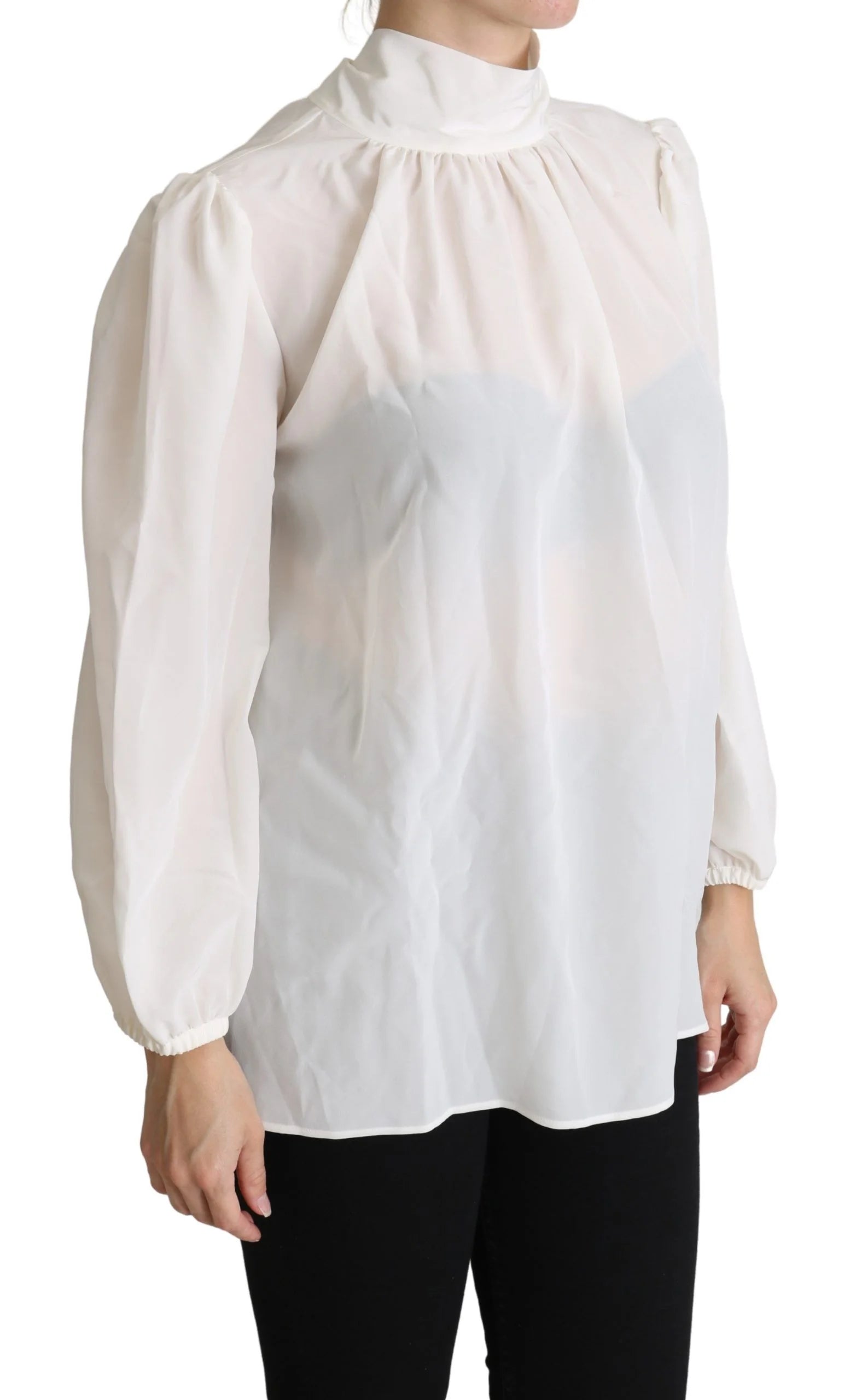 Dolce & Gabbana White Silk Pussy Bow Long Sleeved Top Blouse - IT44|L - Blouses