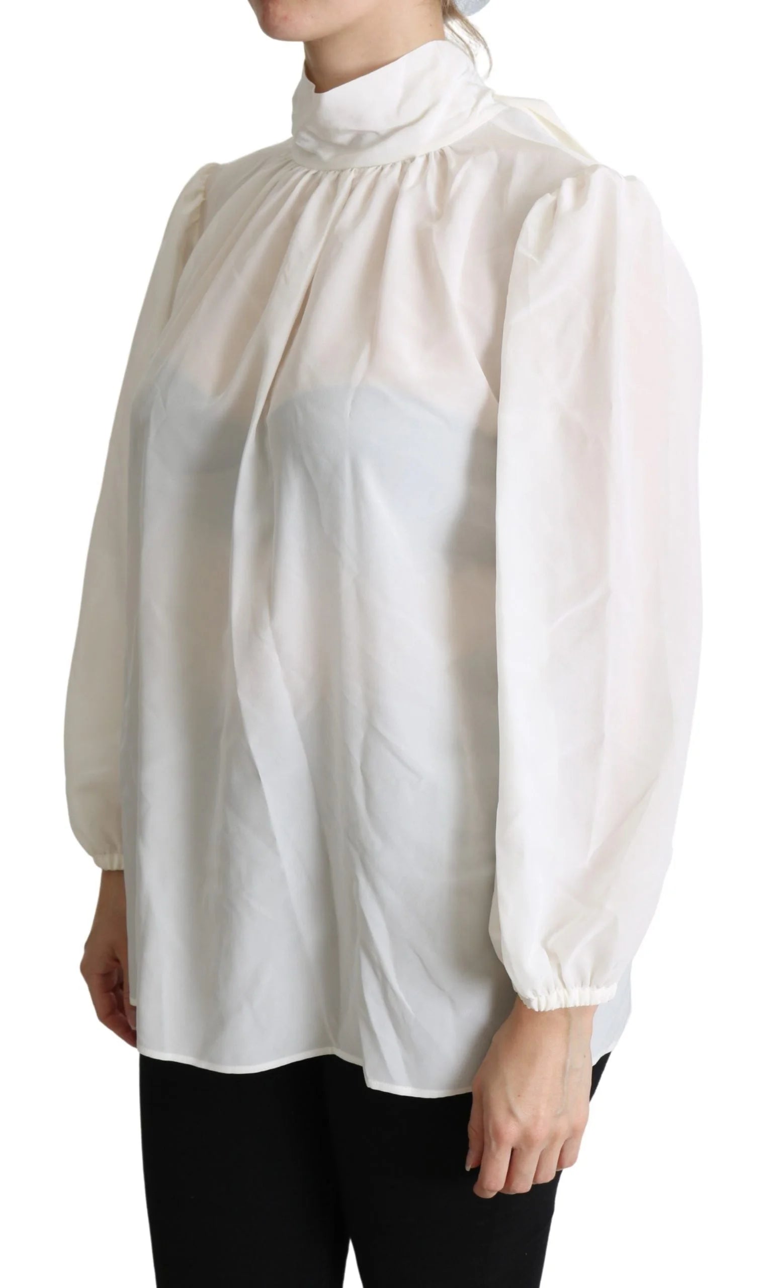 Dolce & Gabbana White Silk Pussy Bow Long Sleeved Top Blouse - IT44|L - Blouses