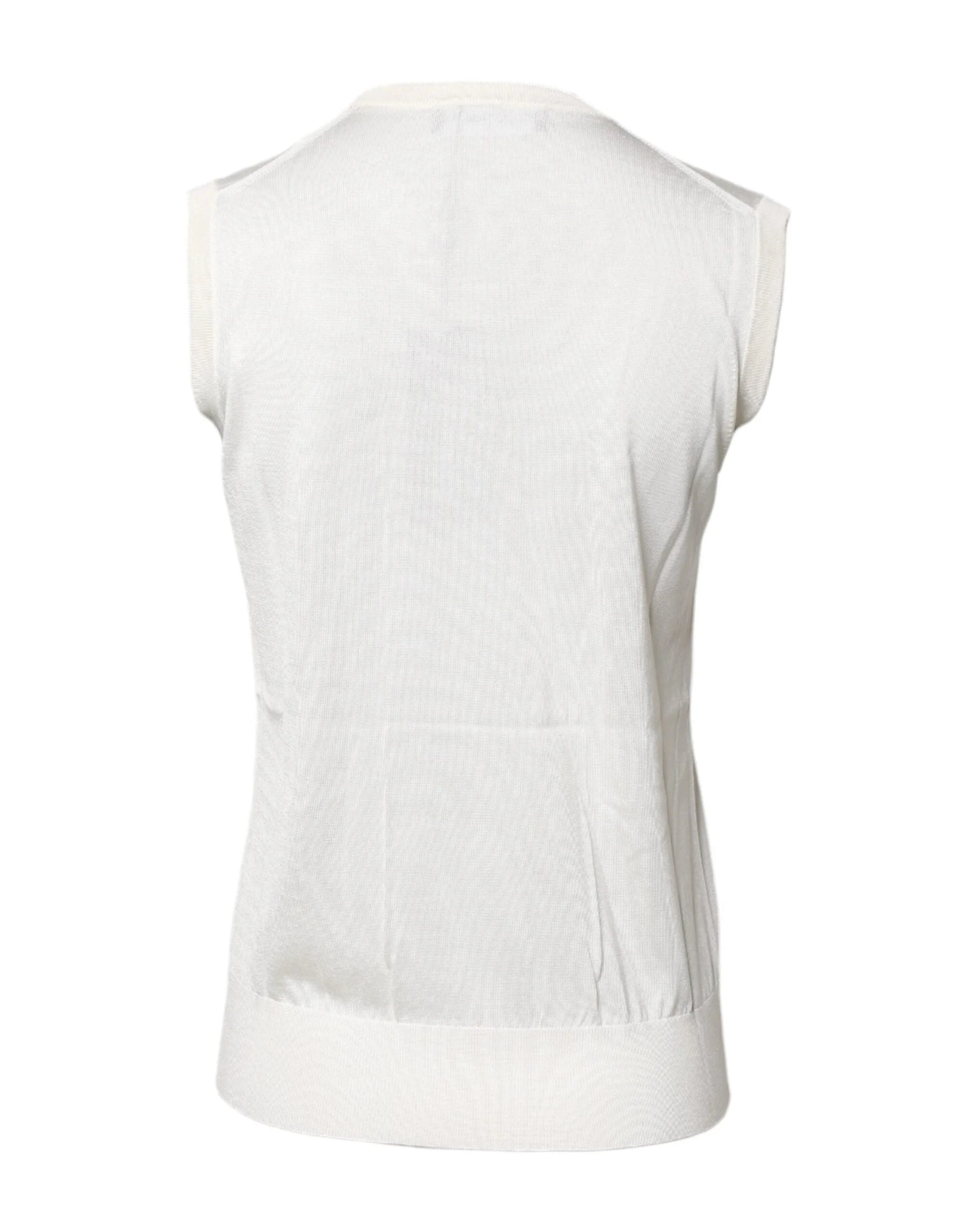 Dolce & Gabbana White Silk Round Neck Sleeveless Tank Top - Tank Tops