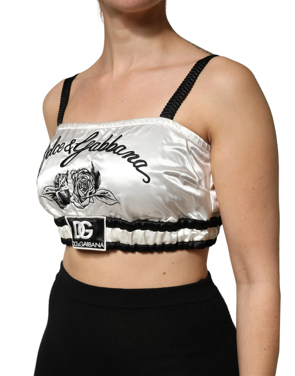 Dolce & Gabbana White Silk Satin Crop Black Logo Bralette Top - IT40|S