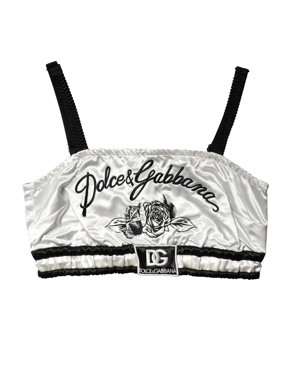Dolce & Gabbana White Silk Satin Crop Black Logo Bralette Top - IT40|S