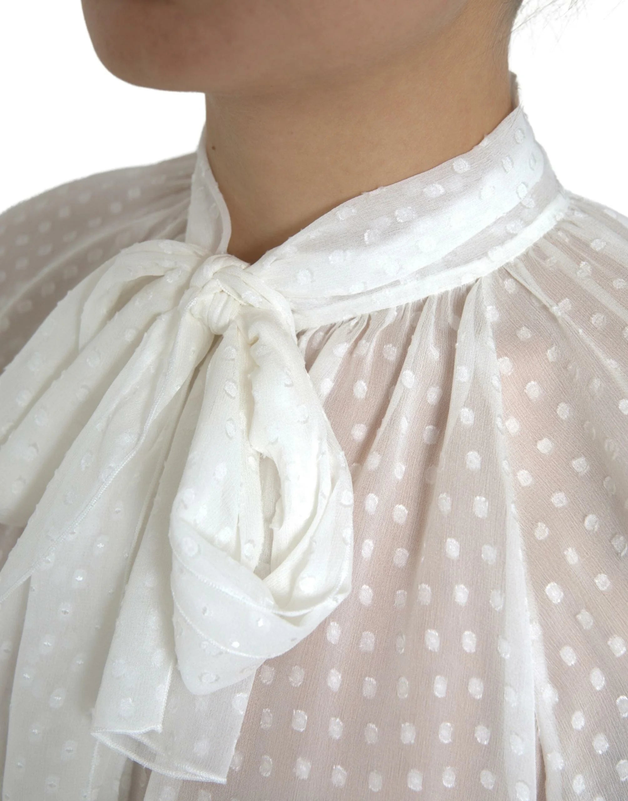 Dolce & Gabbana White Silk Sheer Tied Neck Polka Dots Blouse - IT42|M - Blouses