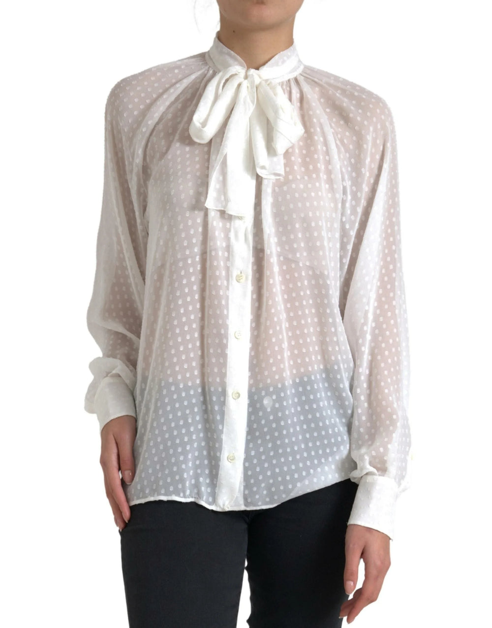 Dolce & Gabbana White Silk Sheer Tied Neck Polka Dots Blouse - IT42|M - Blouses