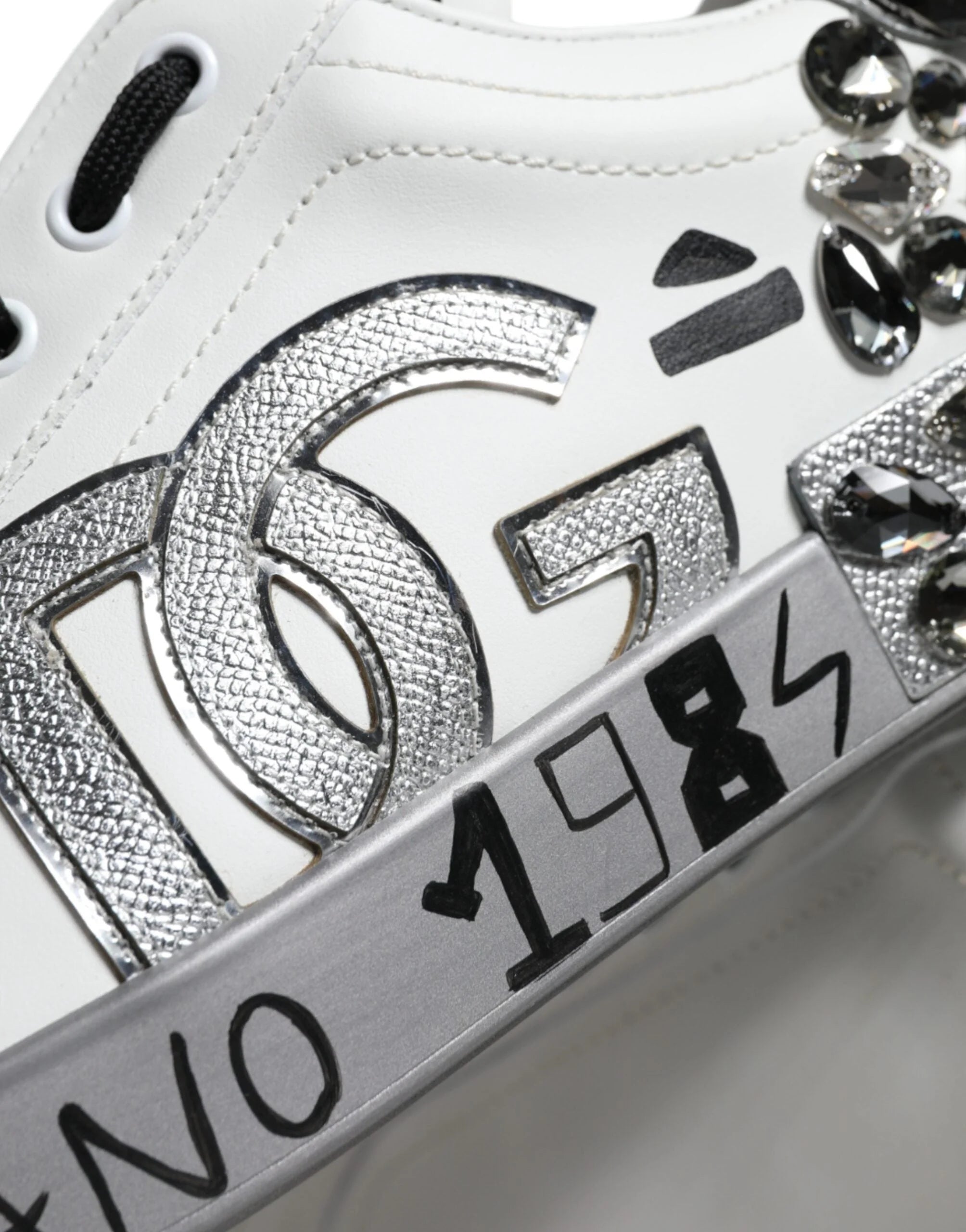 Dolce & Gabbana White Silver Crystal Logo Portofino Sneakers Shoes - Sneakers