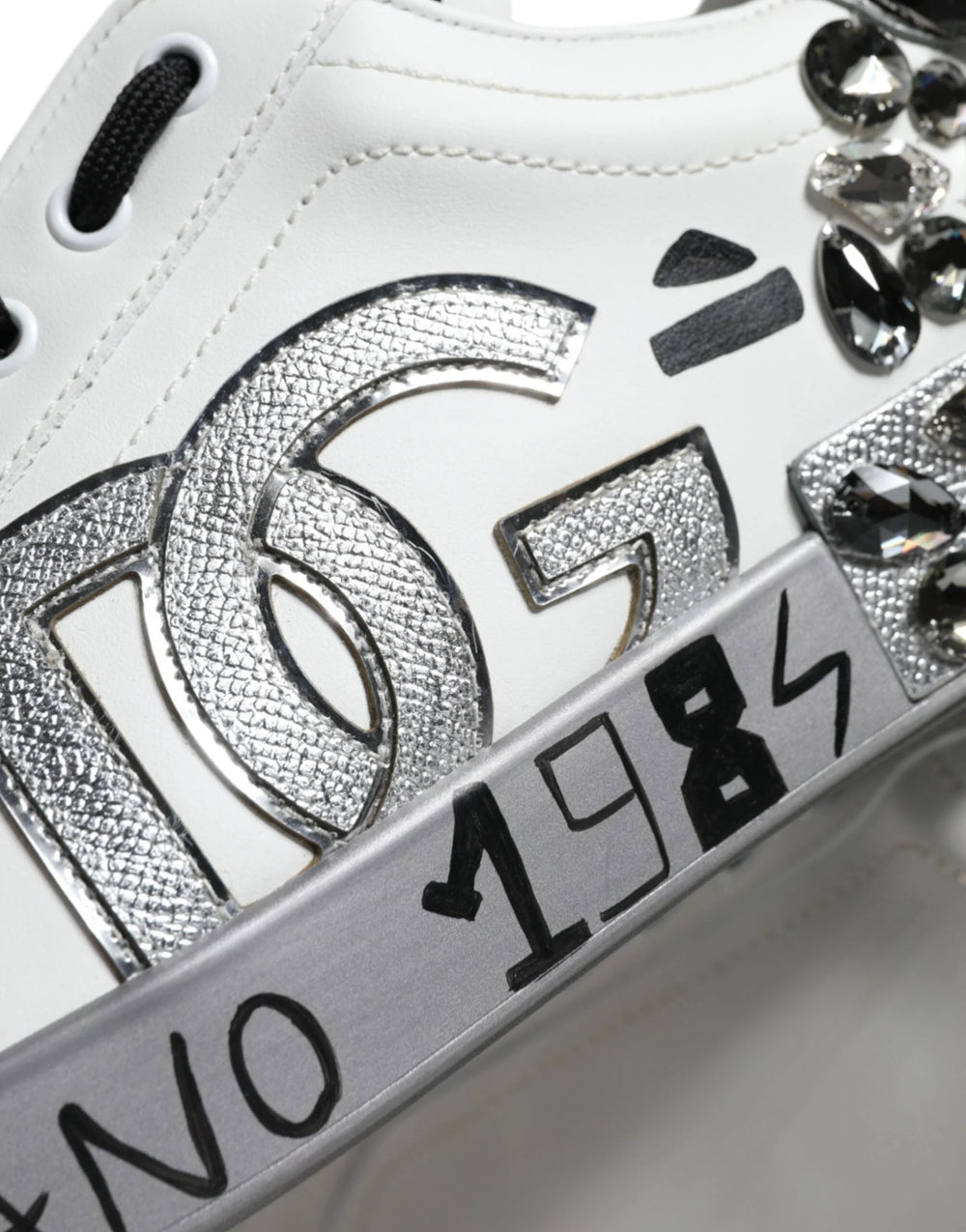Dolce & Gabbana White Silver Crystal Logo Portofino Sneakers Shoes - Sneakers