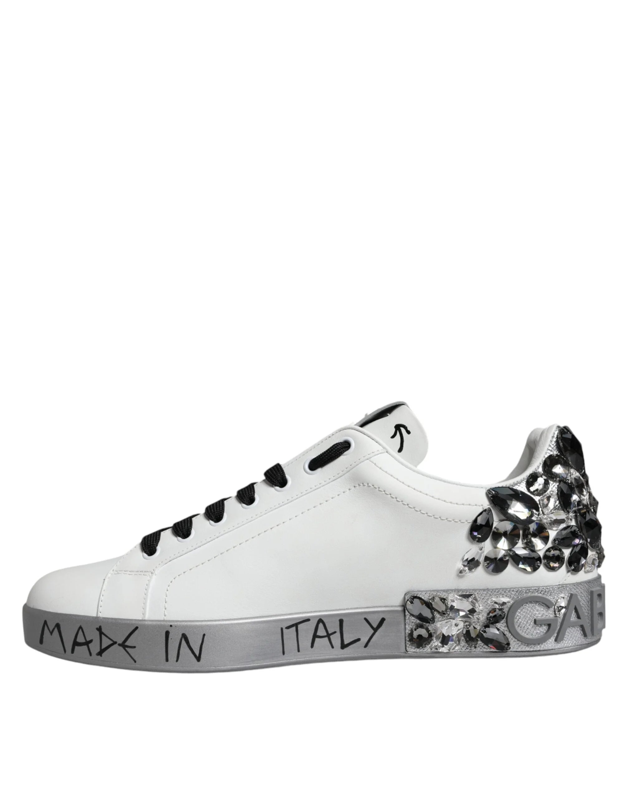 Dolce & Gabbana White Silver Crystal Logo Portofino Sneakers Shoes - Sneakers