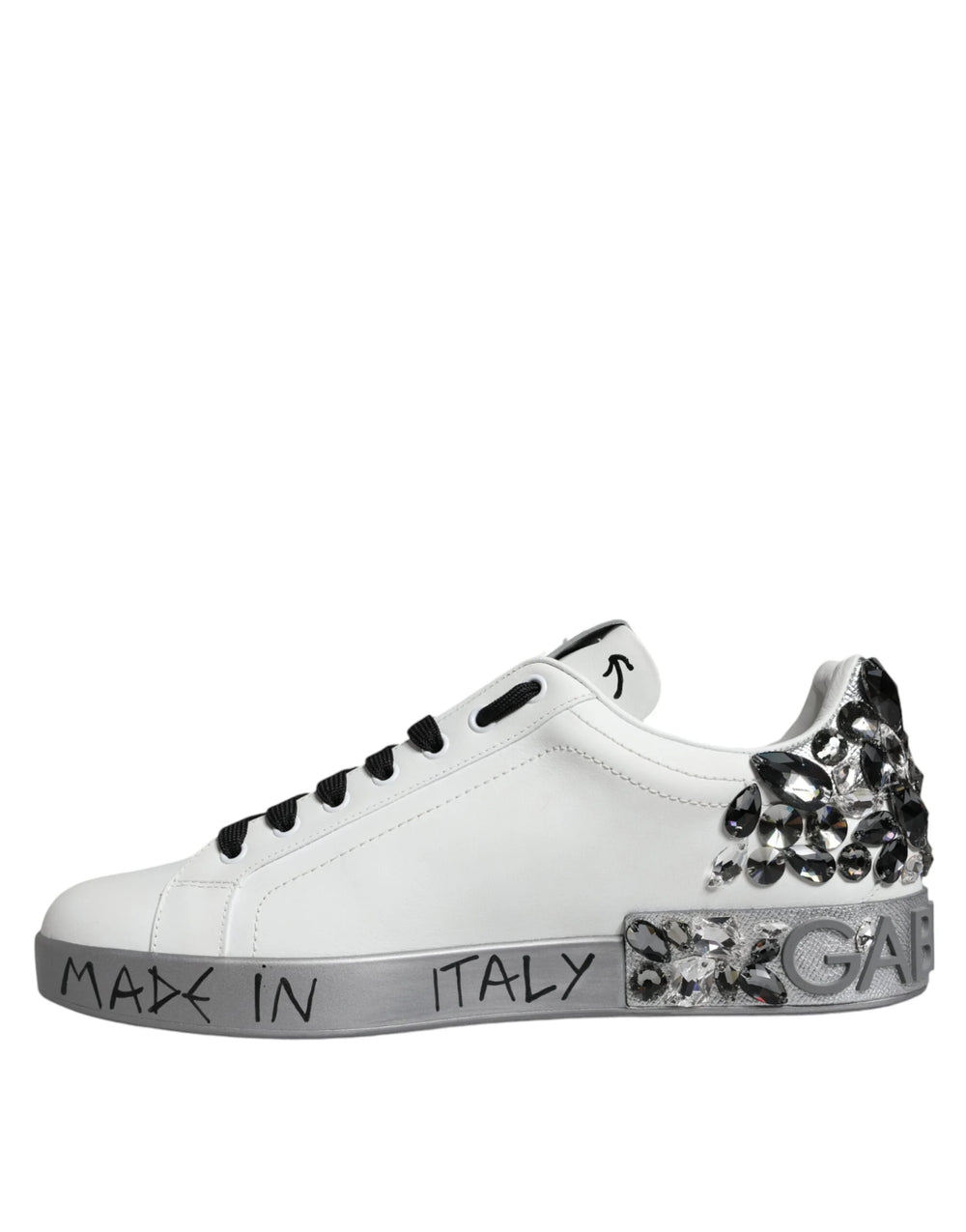 Dolce & Gabbana White Silver Crystal Logo Portofino Sneakers Shoes - Sneakers